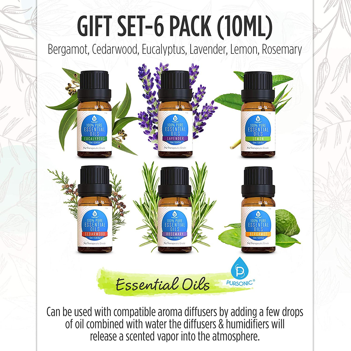 Pursonic 6 Pack of 100% Pure Essential Aromatherapy Oils