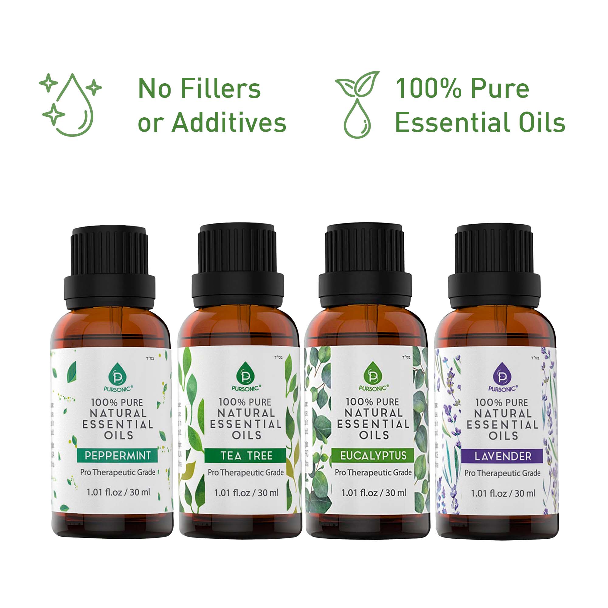 tea tree eucalyptus lavender Pursonic 4-Pack Pure & Natural Essential Oils Collection – Eucalyptus, Lavender, Tea Tree, and Peppermint