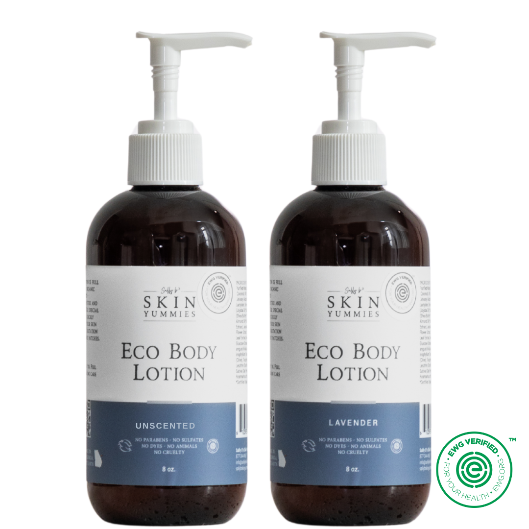 Two bottles of Skin Yummies Eco Body Lotion on a white background