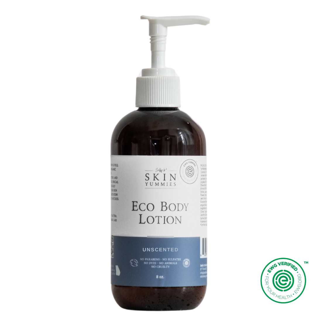Bottle of eco body lotion with a pump on a white background