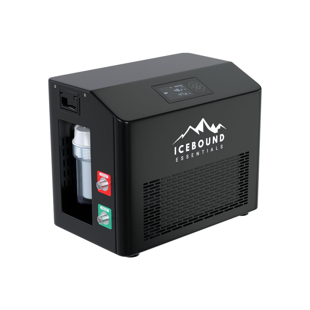 Black portable cooler with Icebound Essentials logo on a white background