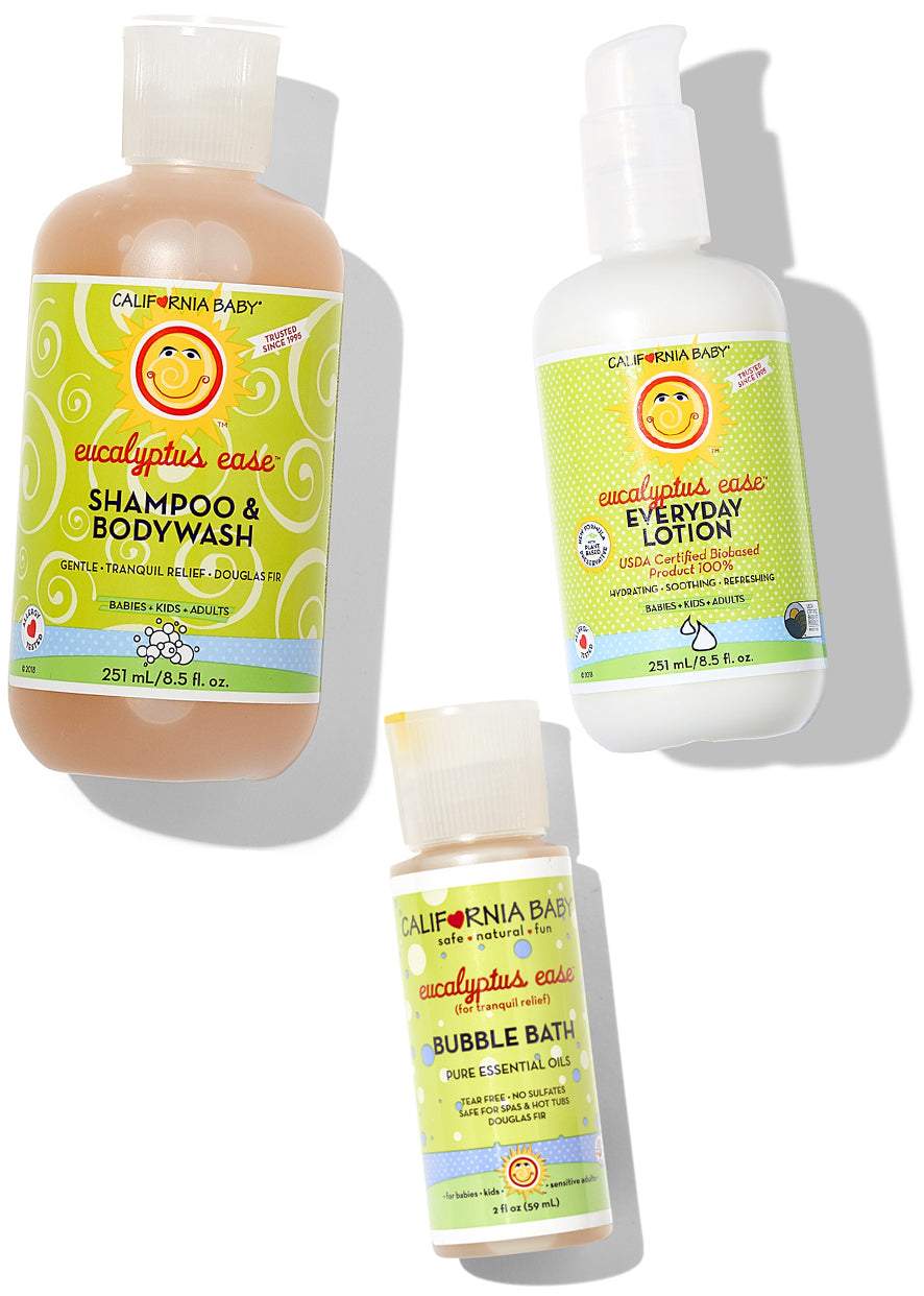 Three bottles of California Baby eucalyptus ease products on a white background