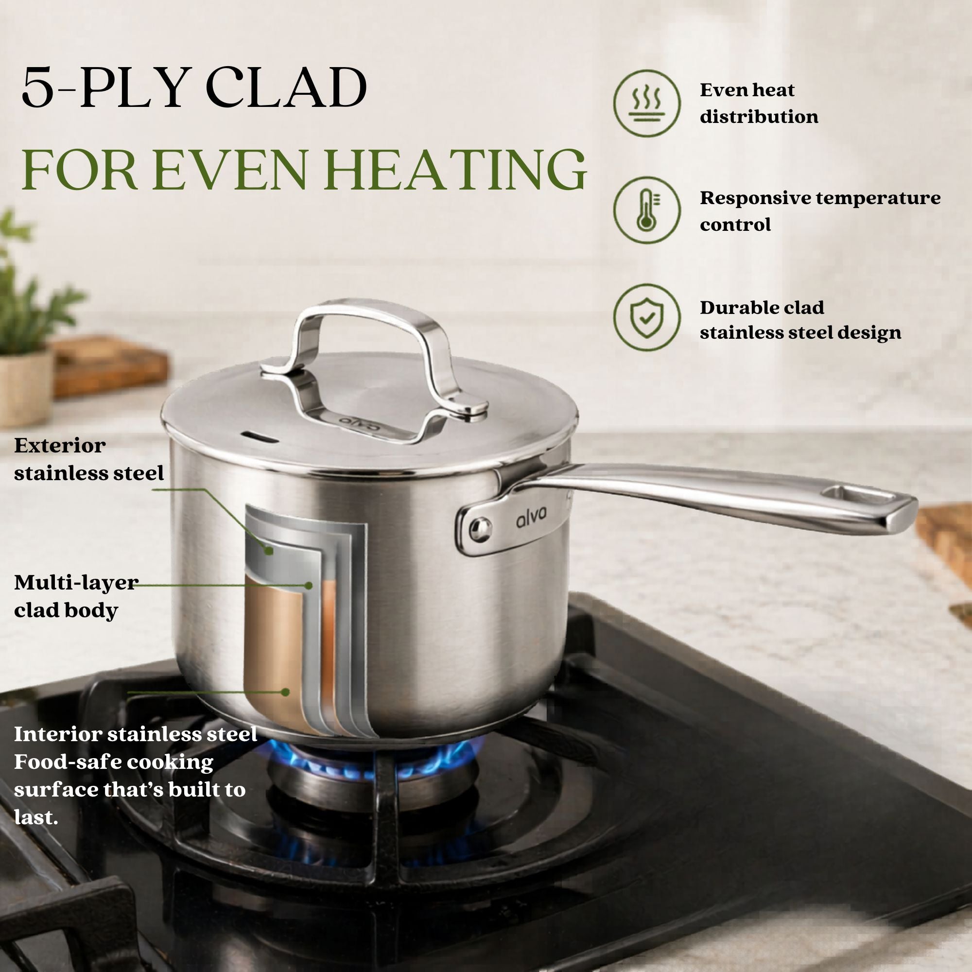 Alva Cookware 5-Ply Stainless Steel Saucepan with Lid