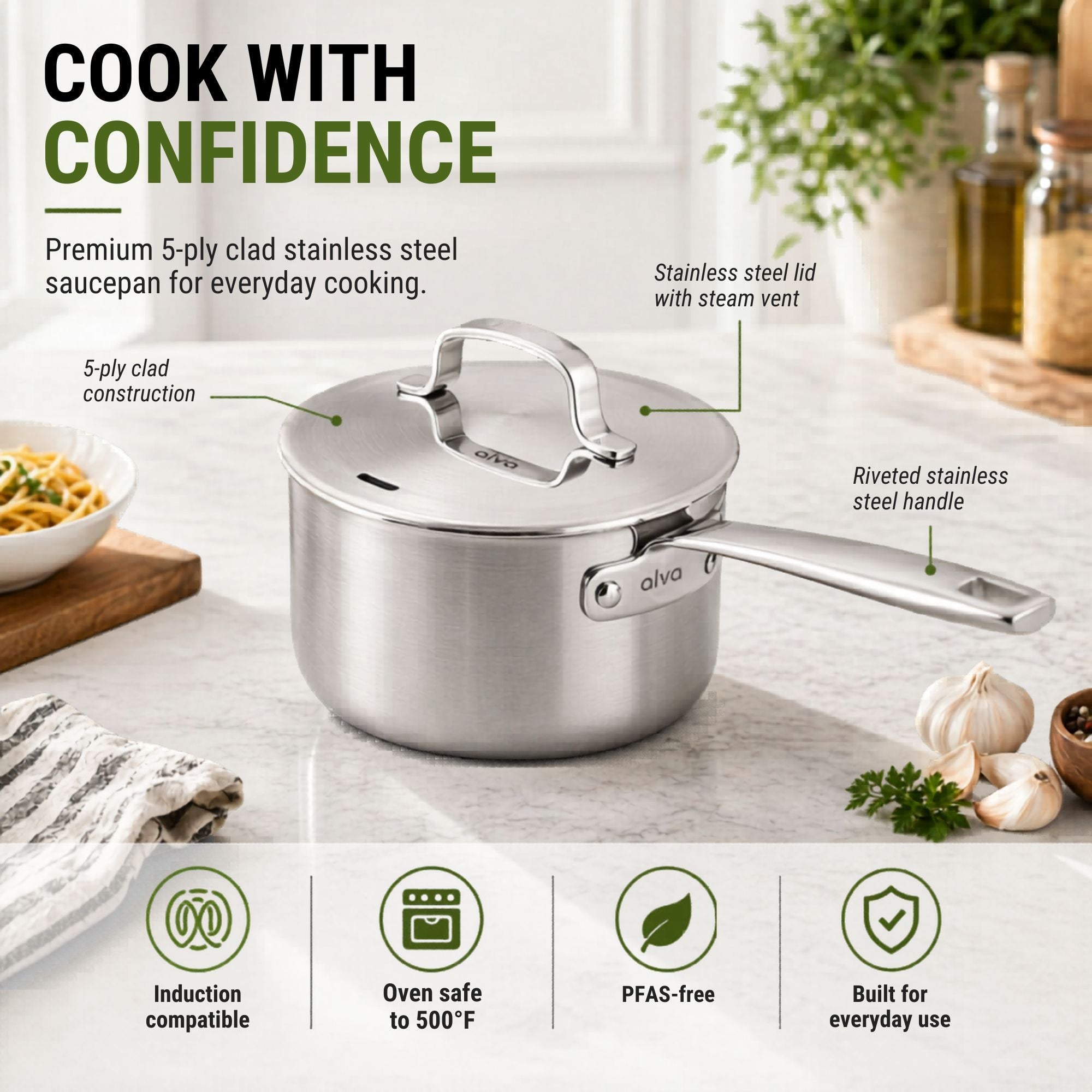 Alva Cookware 5-Ply Stainless Steel Saucepan with Lid