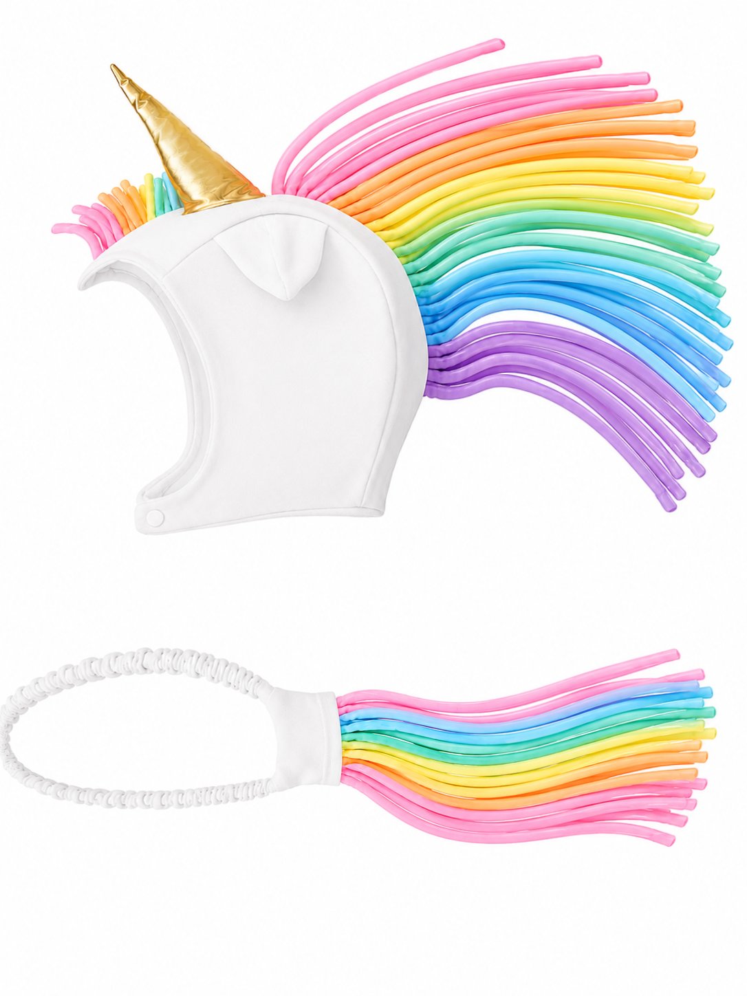 White unicorn headband with colorful rainbow hair extensions on a white background
