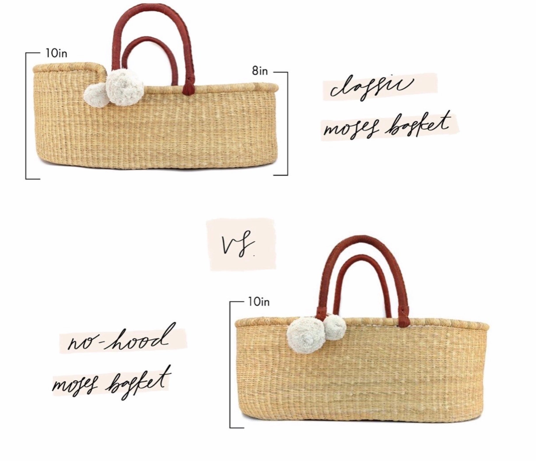 Two woven baby baskets with dimensions and text labels on a white background