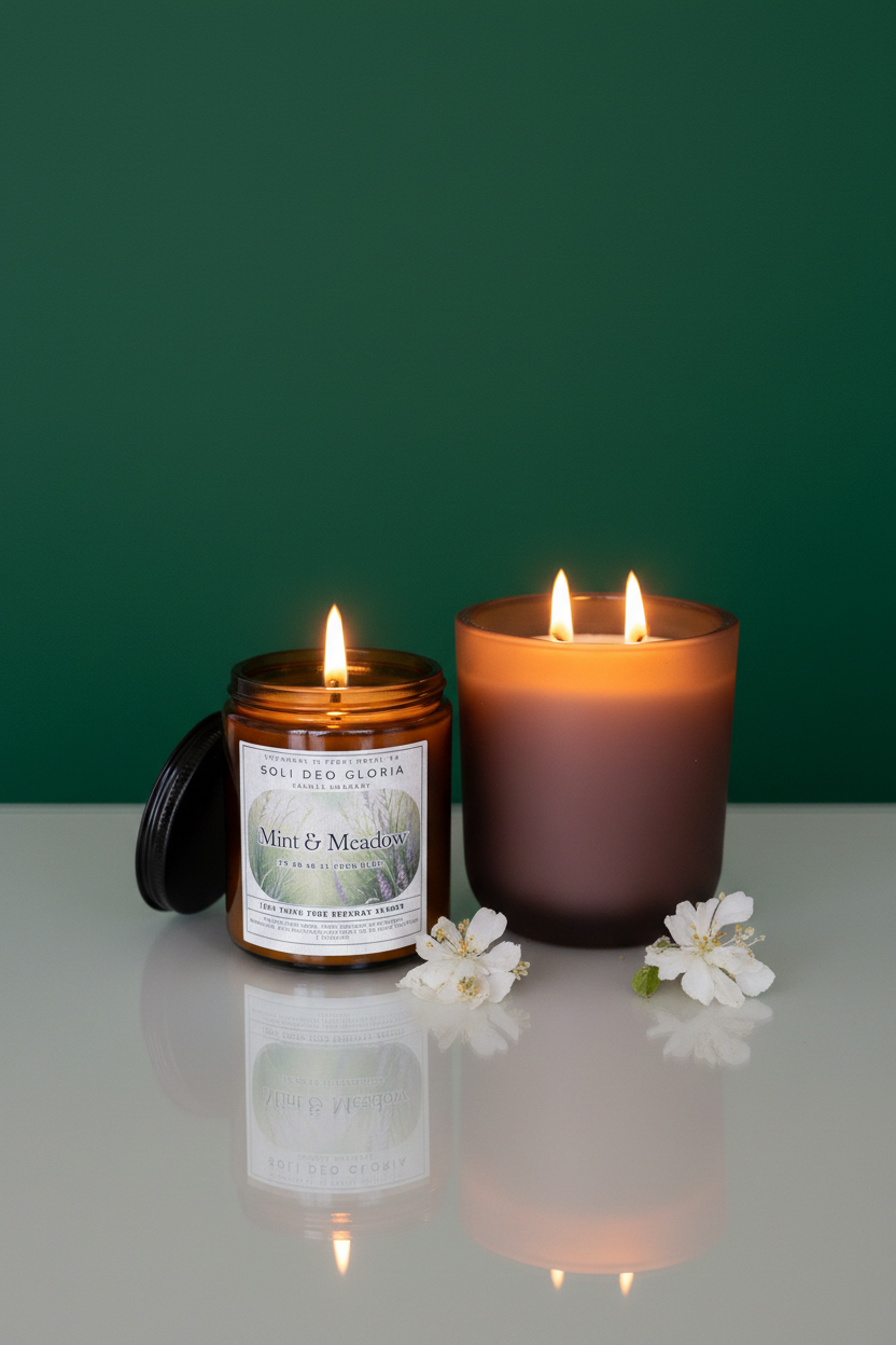 Two lit candles with a label on a reflective surface against a green background