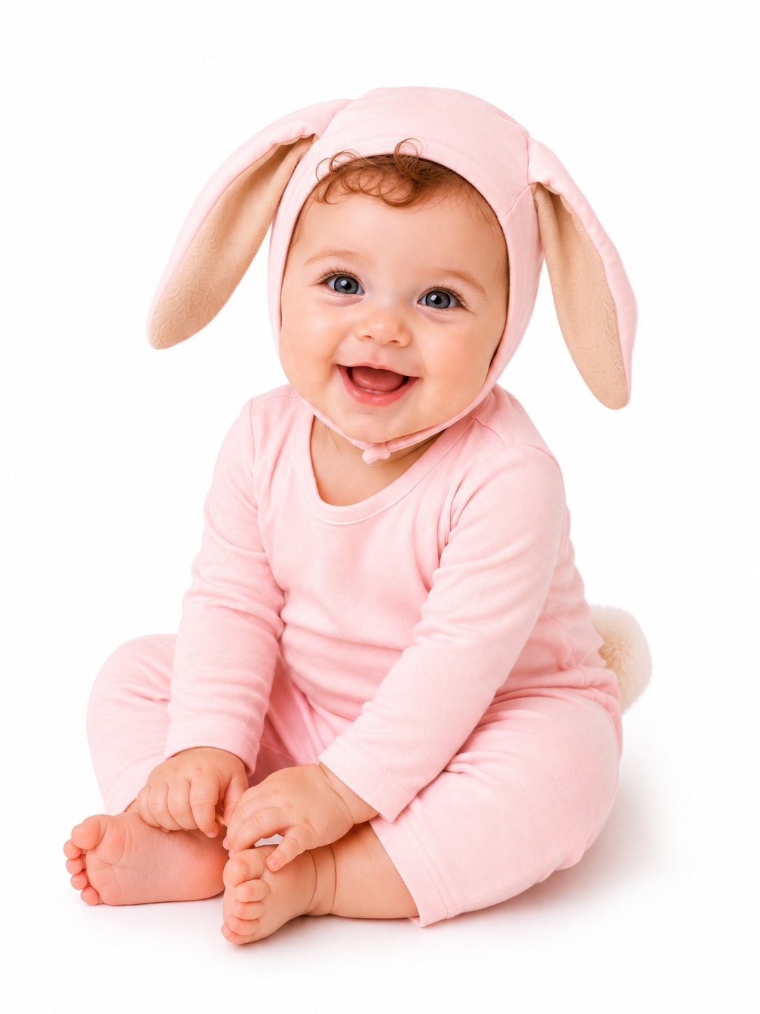 Baby wearing a pink bunny costume with large ears on a white background