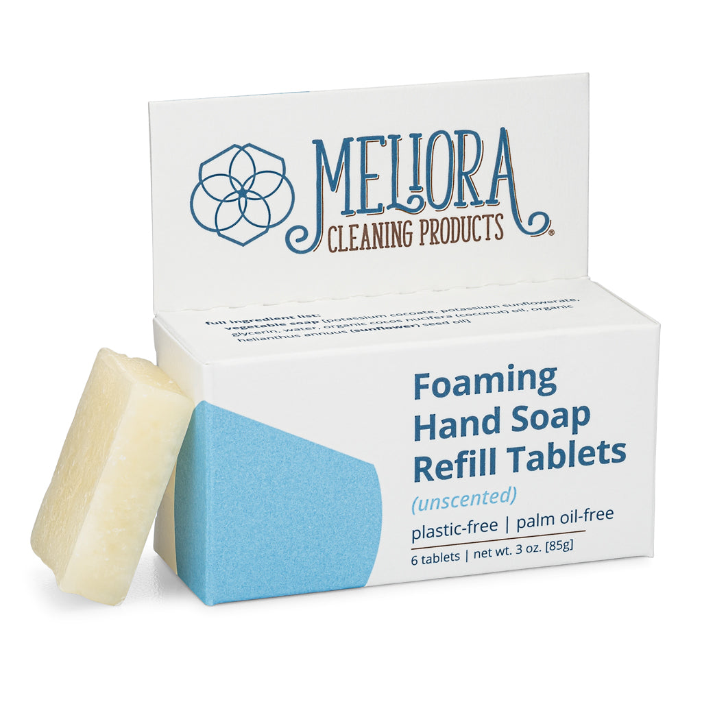 Meliora Foaming Hand Soap Refill Tablets packaging with a bar of soap on a white background