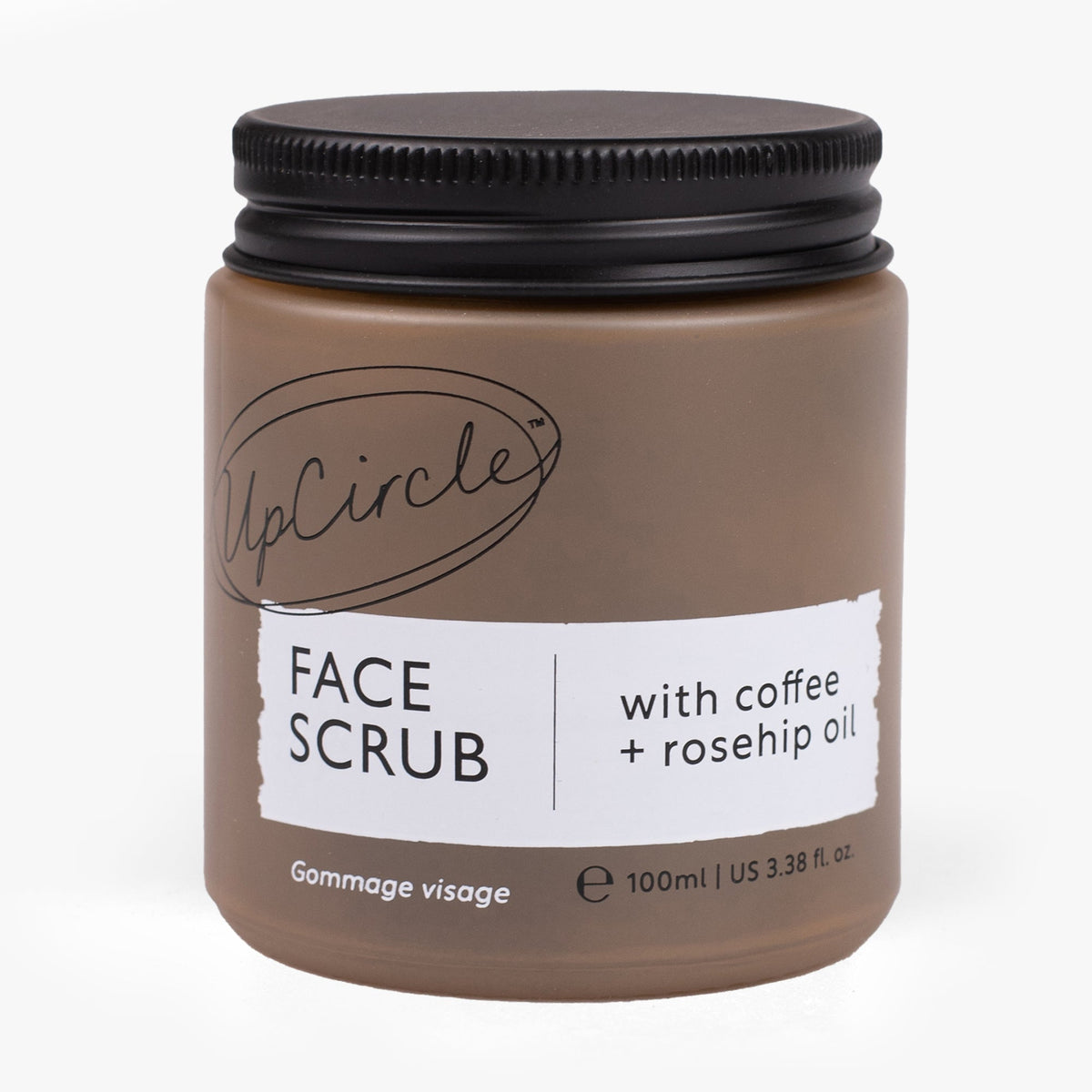 Jar of UpCircle Face Scrub with coffee and rosehip oil on a white background