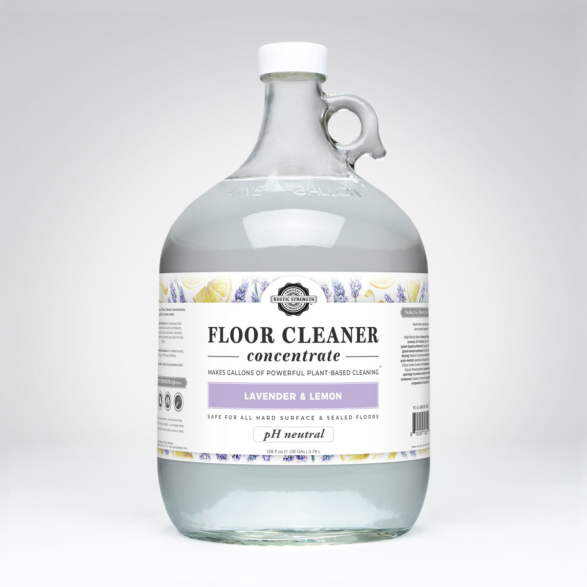 Glass container of floor cleaner with a label on a white background