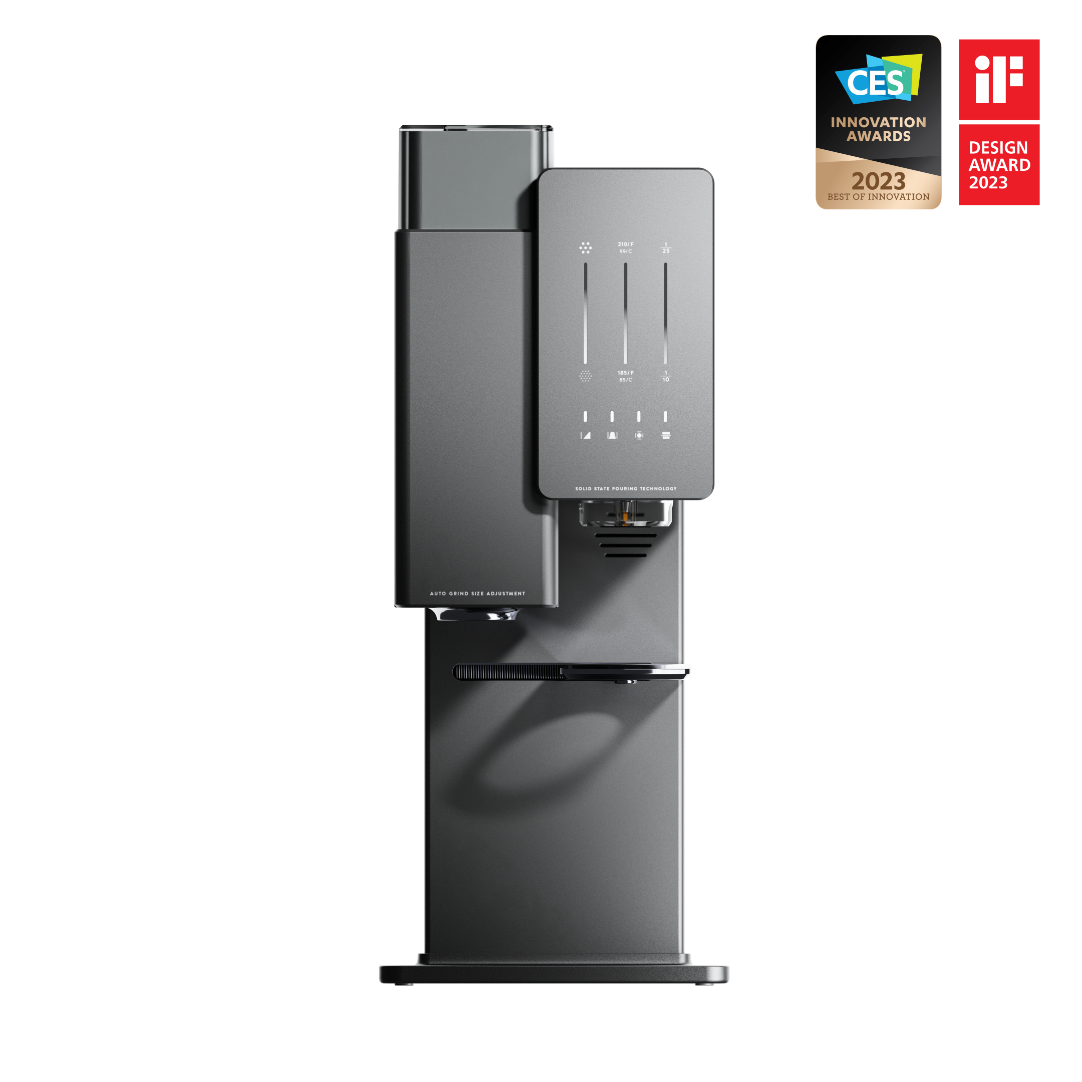 Black refrigerator with water dispenser on a white background, featuring CES and iF Design Award logos.