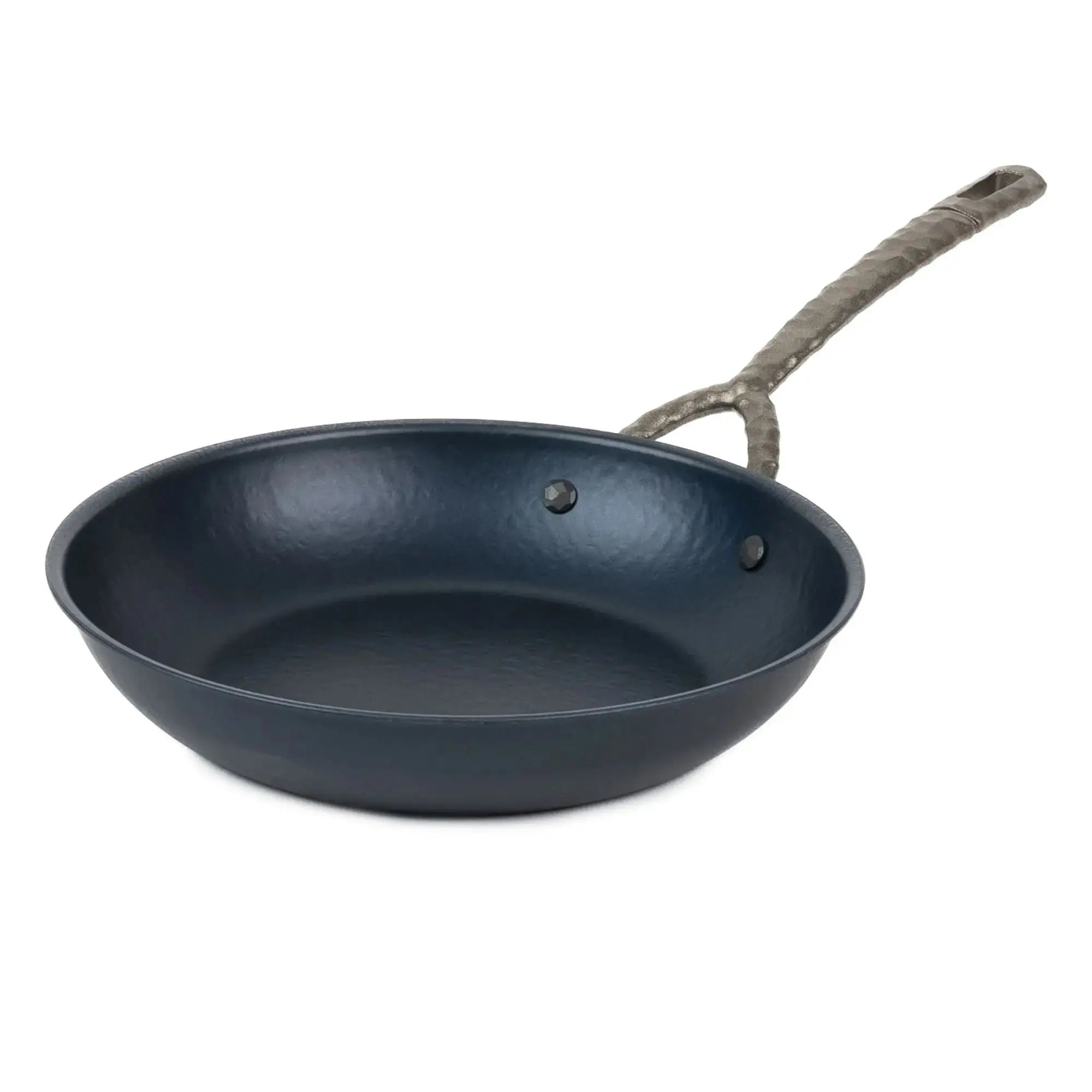 Black frying pan with a rope handle on a white background