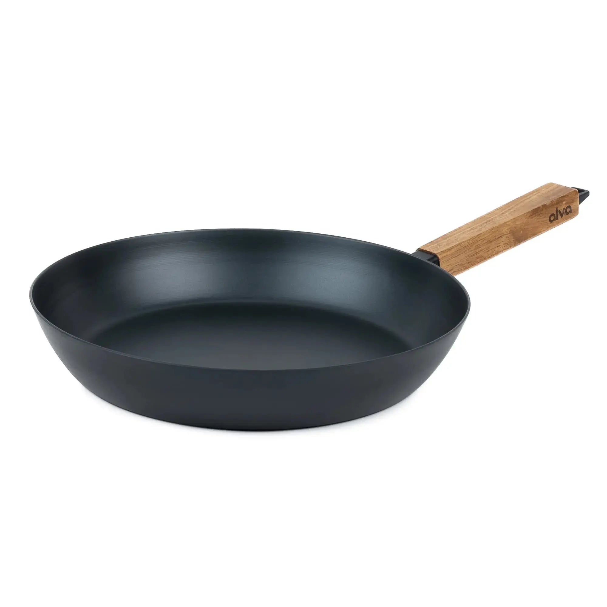 Black frying pan with a wooden handle on a white background