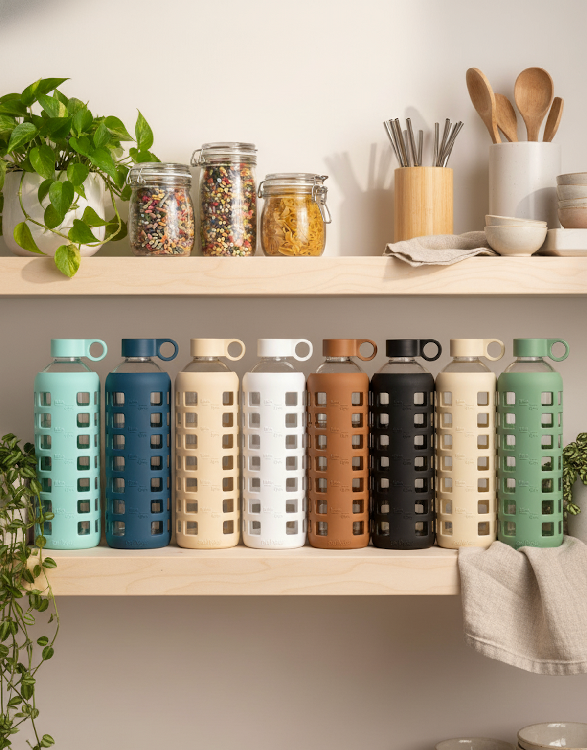 Eight reusable glass water bottles with colored handles and square cutout patterns on the sides, arranged on two wooden shelves in a styled kitchen setting. The bottles come in pastel aqua, navy, cream, white, tan, brown, black, beige, cream, and sage green.
