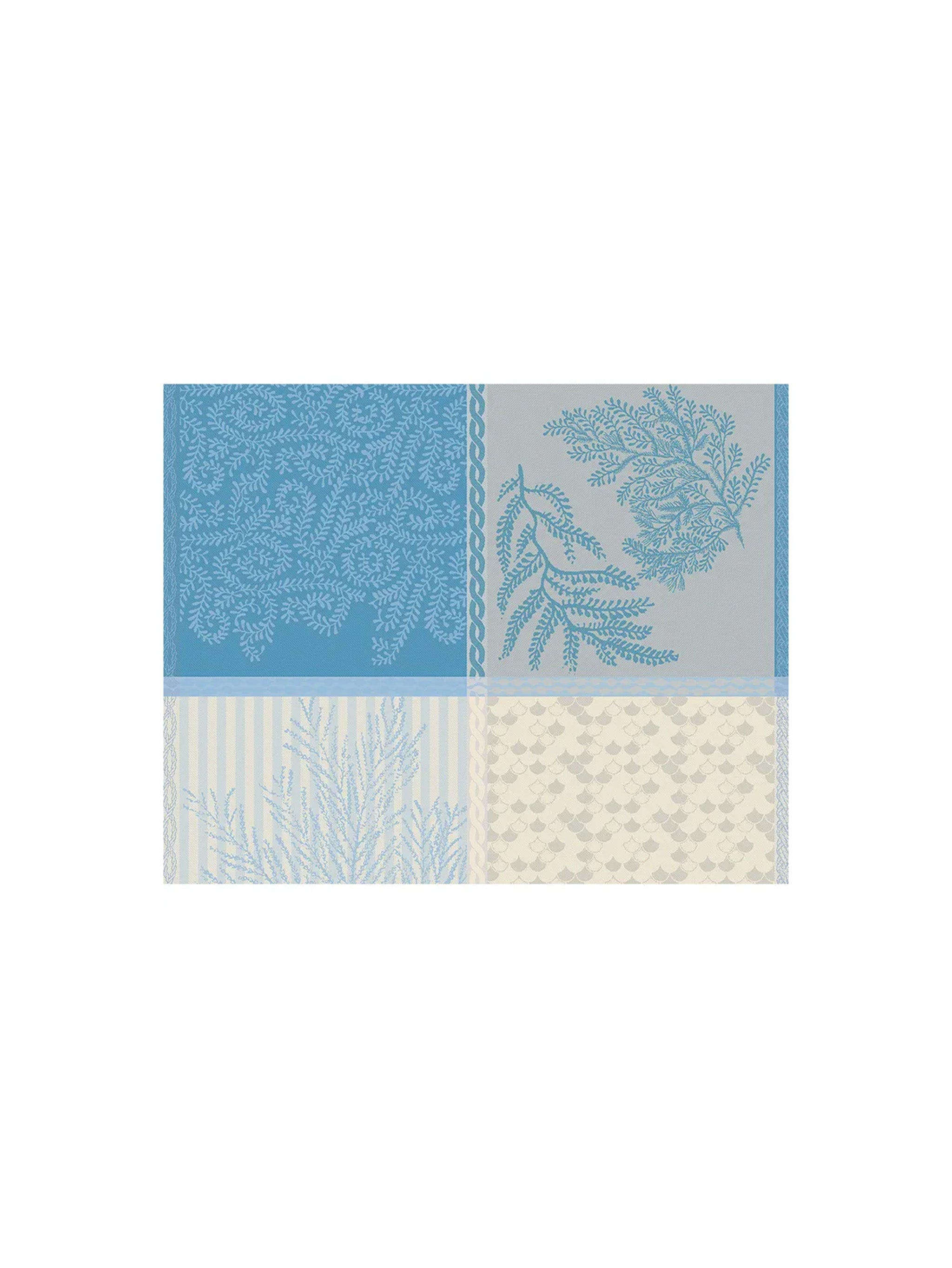 Four square tiles with floral patterns in blue, gray, and beige on a white background