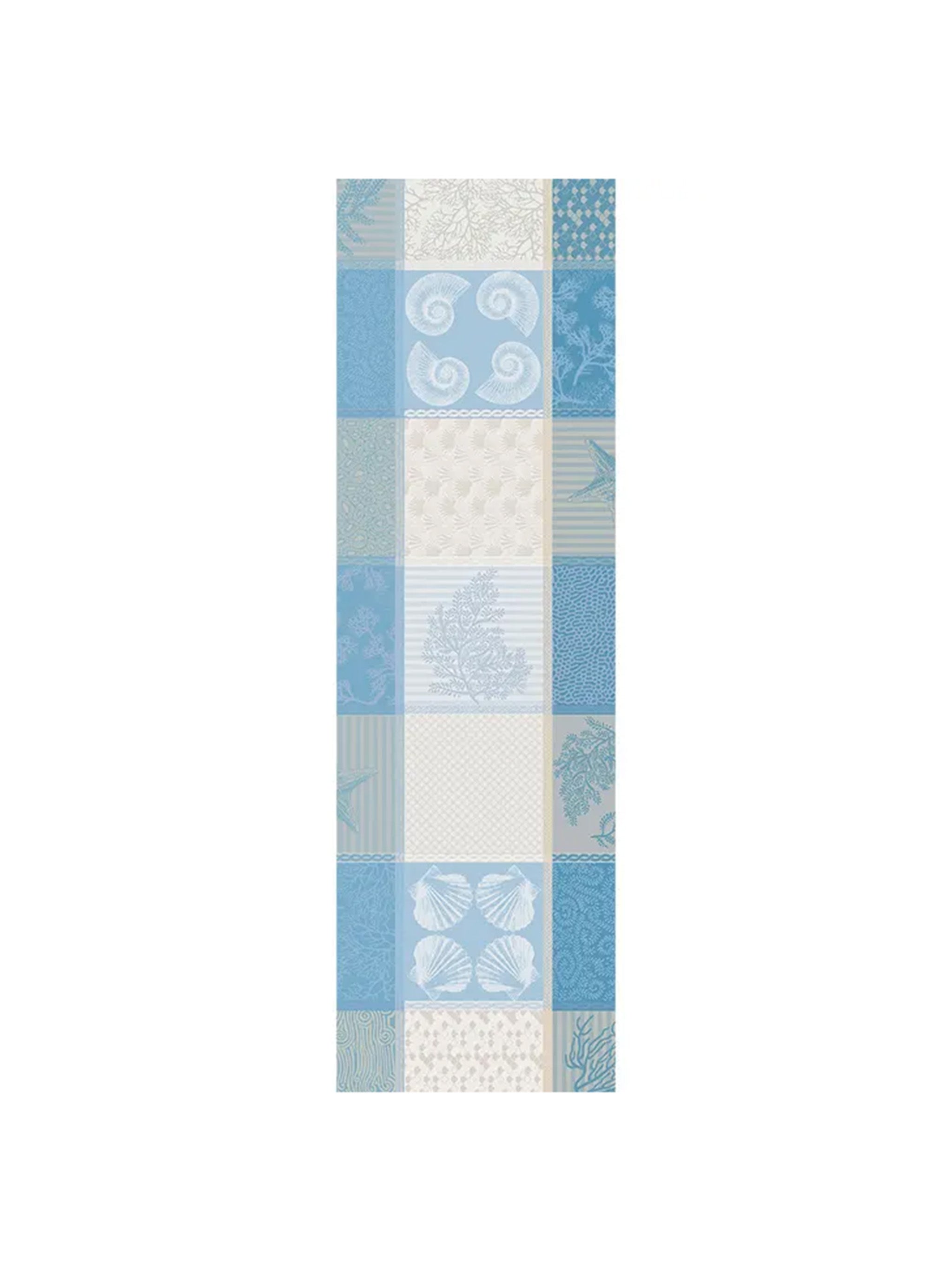 Long, narrow rug with blue and white checkered pattern on a white background