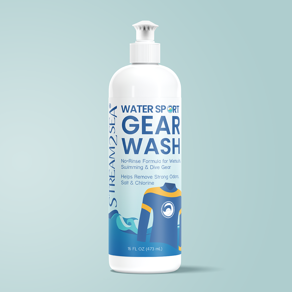 Bottle of Surlam2Sea Water Sport Gear Wash on a light blue background