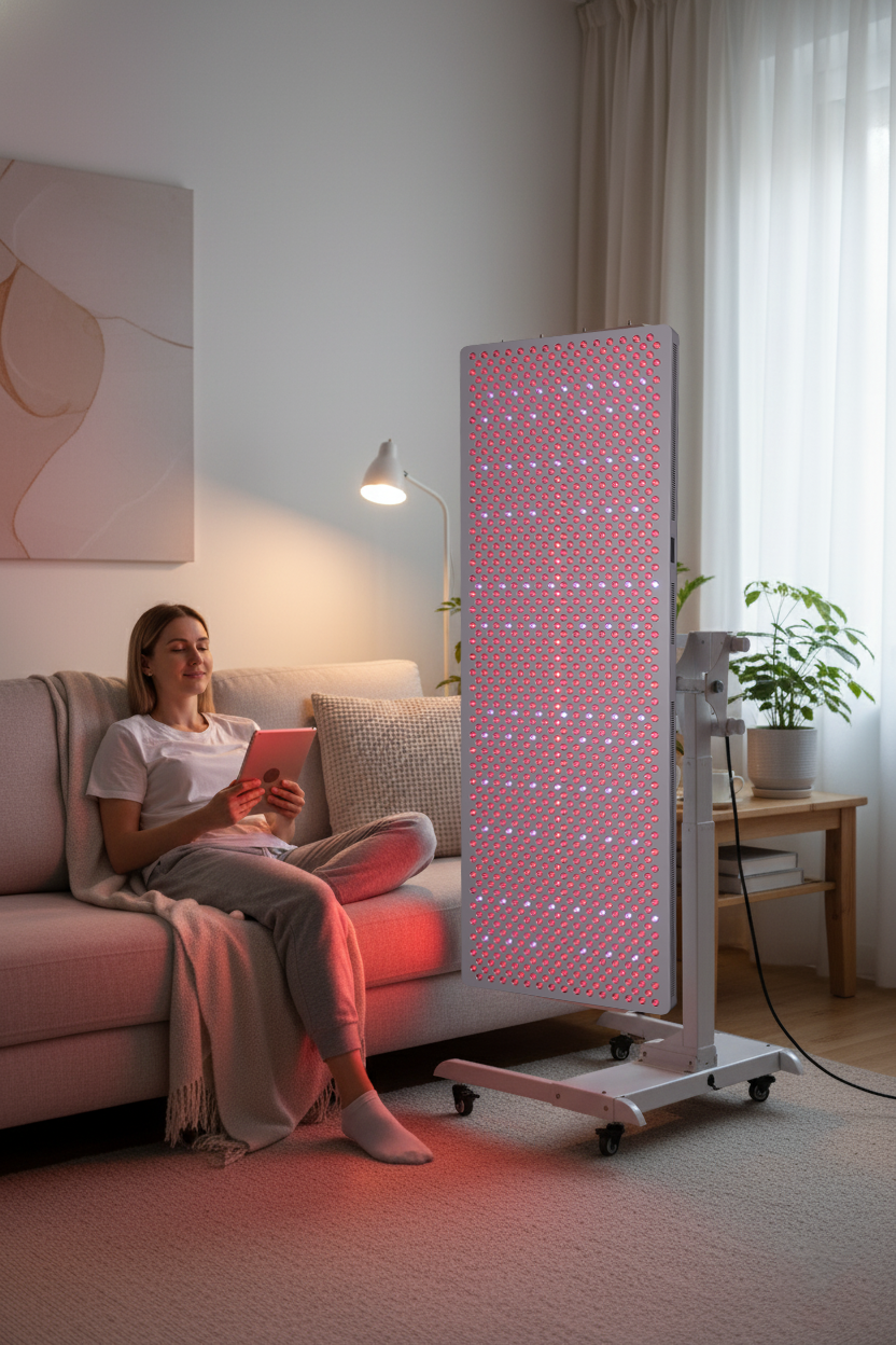 Woman sitting on a couch reading a book next to a pink LED therapy panel in a room.