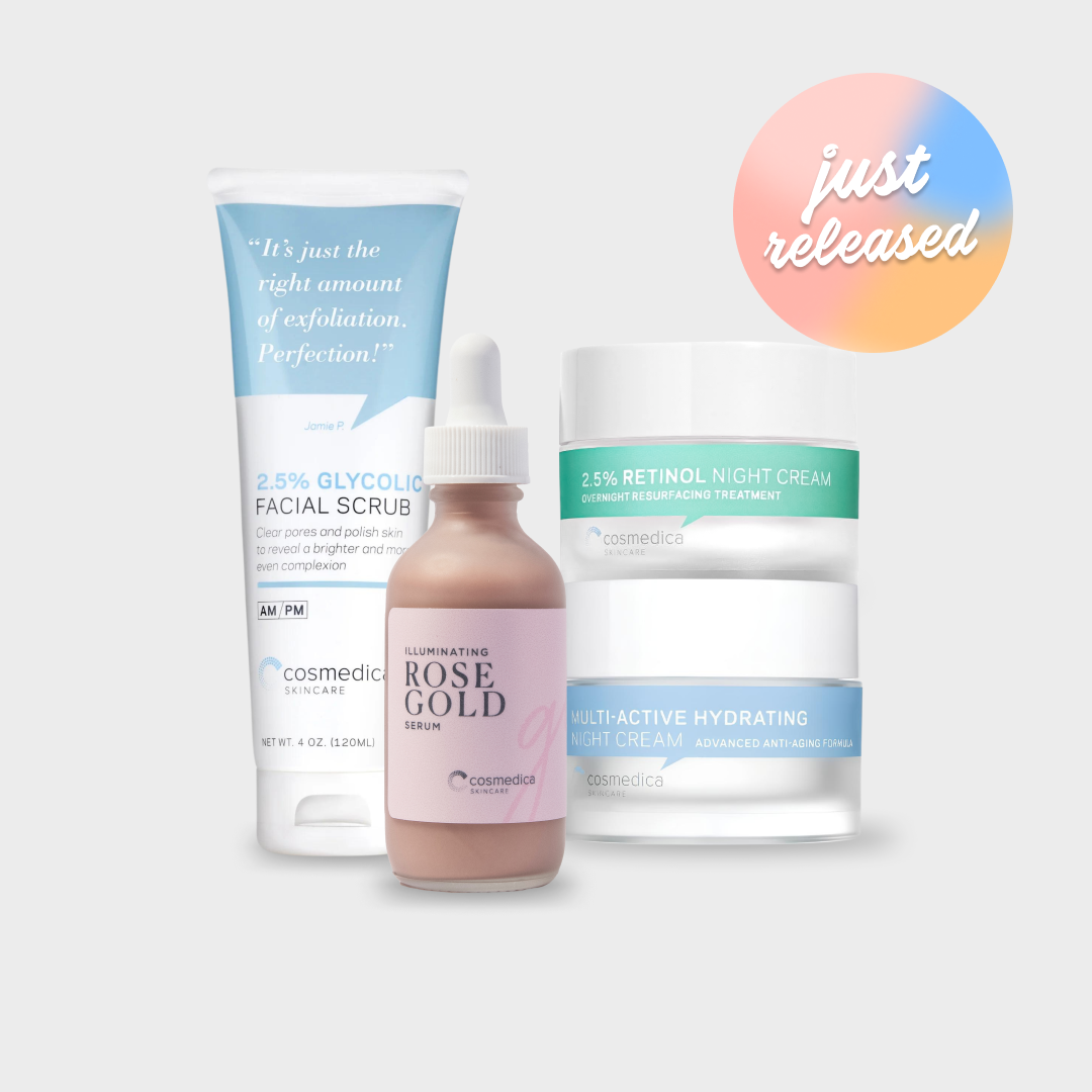 Cosmetic products including a scrub, serum, and cream with 'just released' text on a light background.