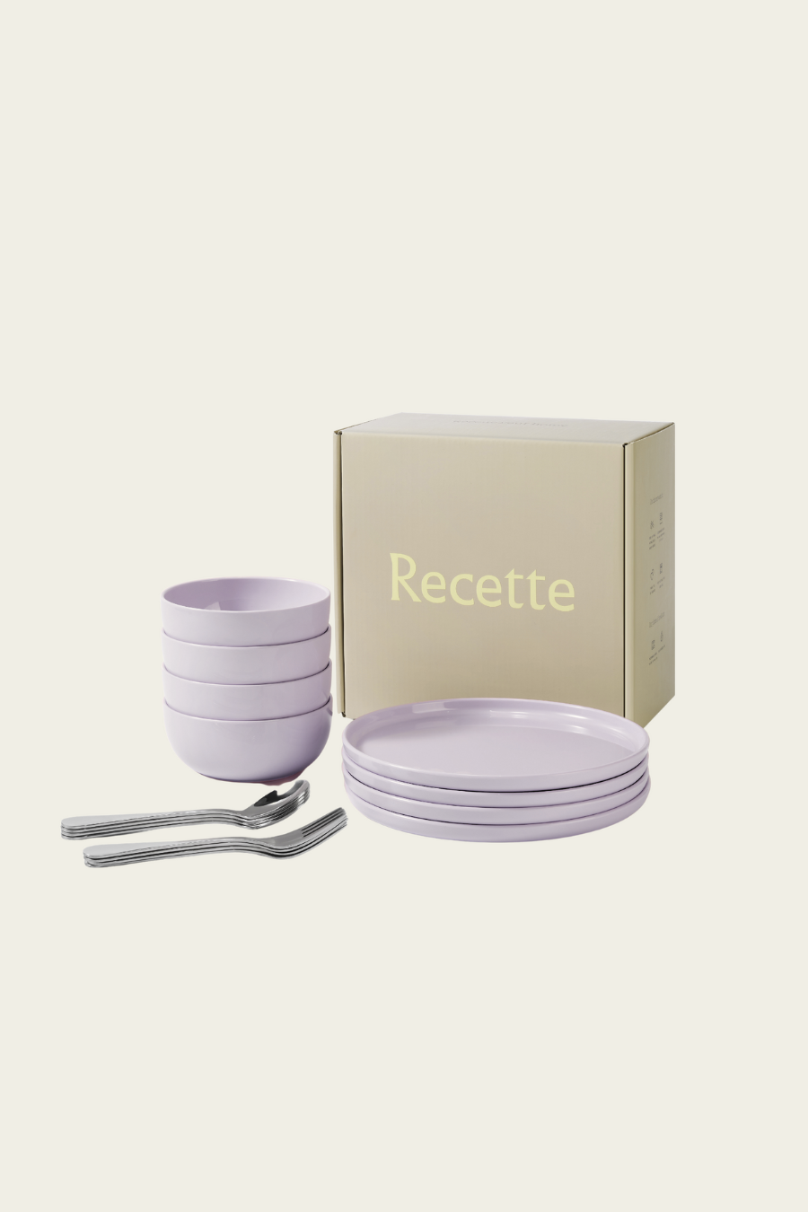 Set of purple ceramic dishes with a box labeled 'Recette' on a white background