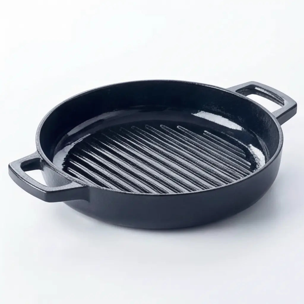 Black cast iron grill pan on a white background