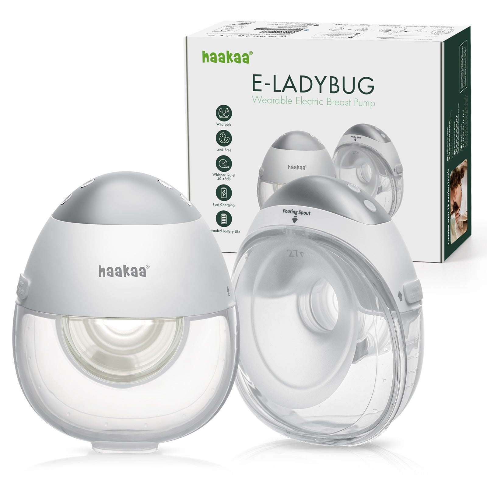 Haakaa E-Ladybug wearable electric breast pump with packaging on a white background