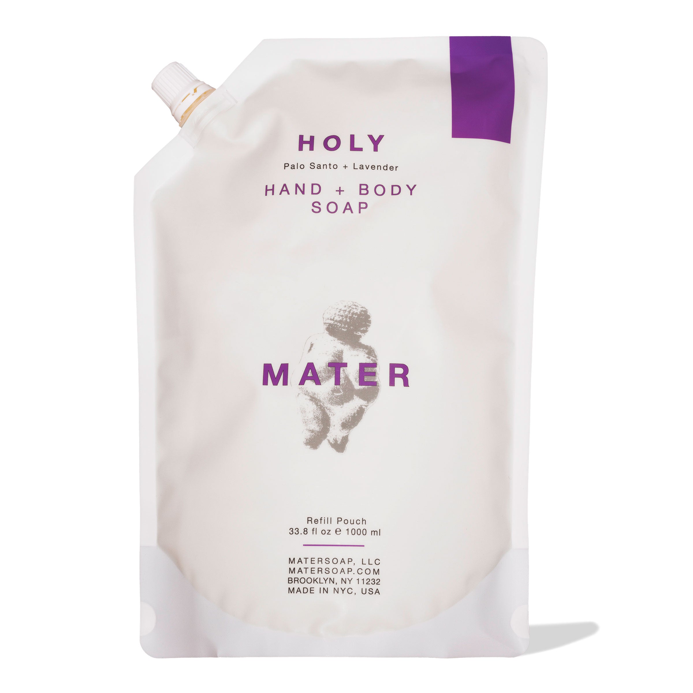 Refill pouch of Holy Mater hand and body soap on a white background