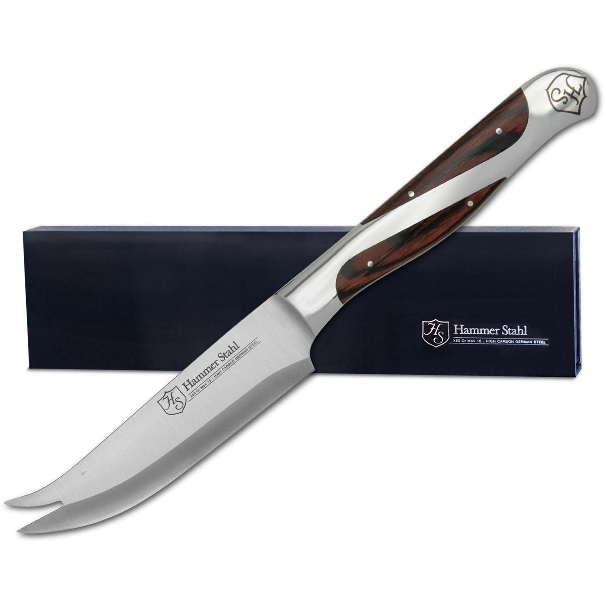 Knife with wooden handle and visible brand logo on a white background
