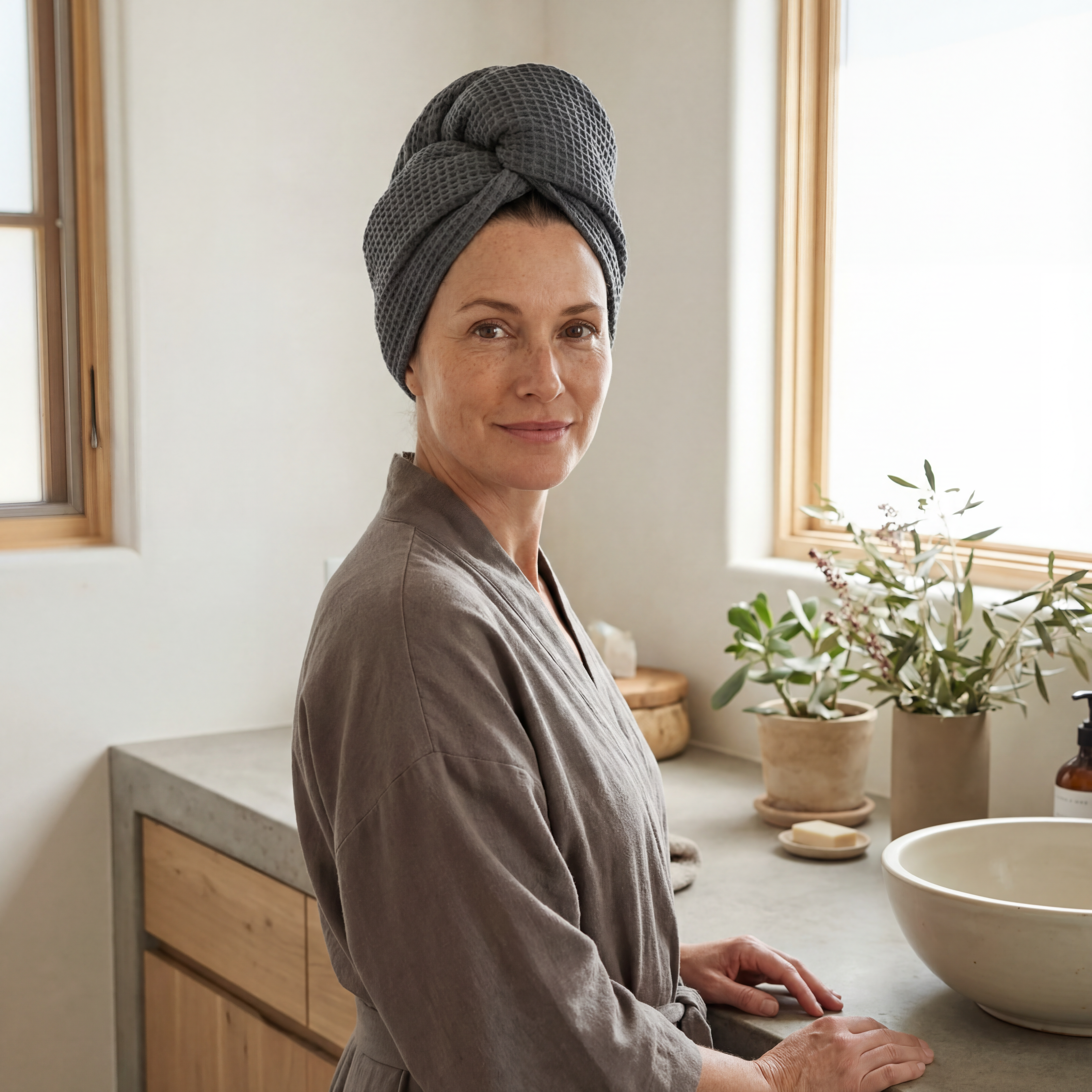 A woman in a bathroom wearing a textured gray towel wrap on her head and a taupe-gray robe, standing beside a countertop with a bowl and small plants.