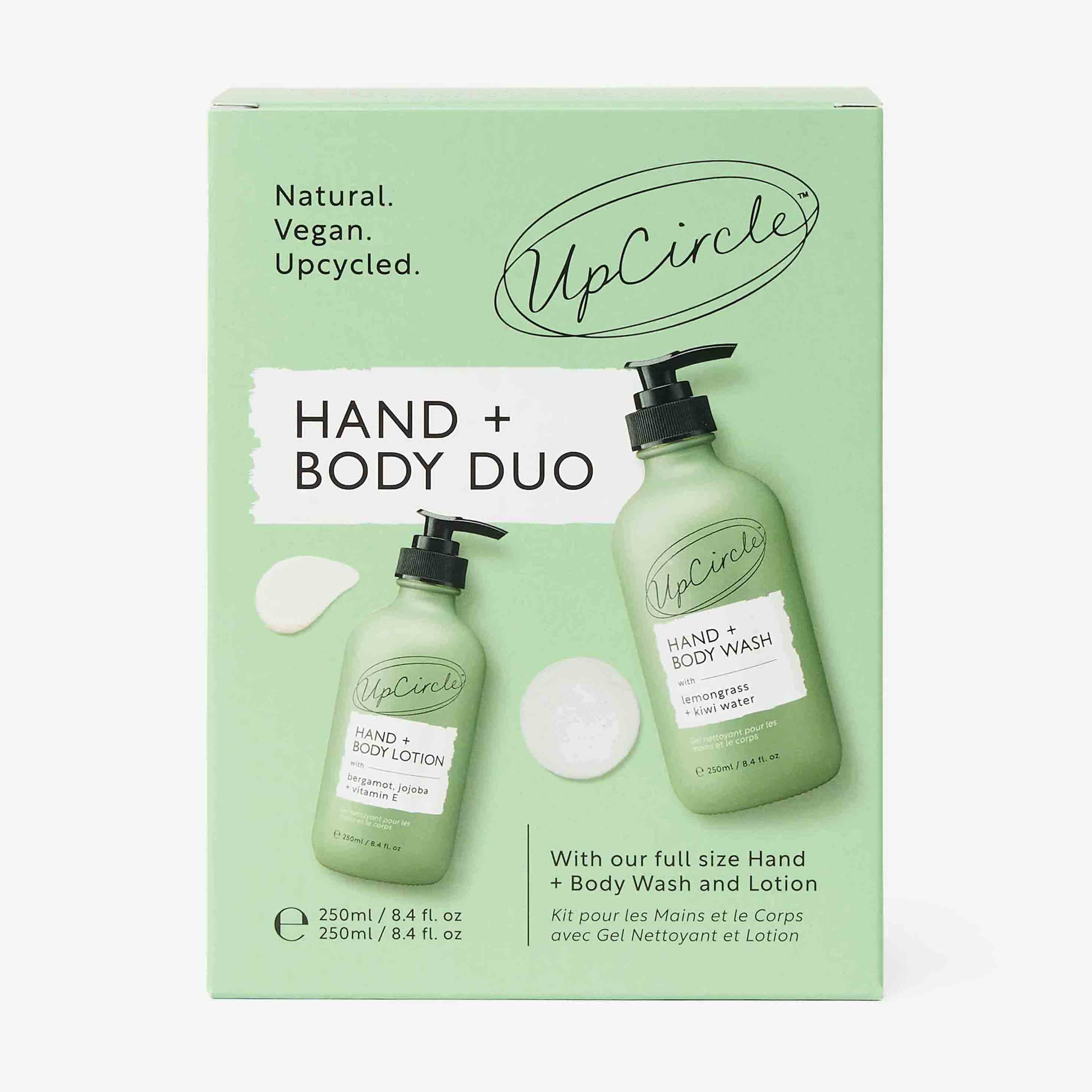 UpCircle hand and body duo packaging with two bottles on a light green background