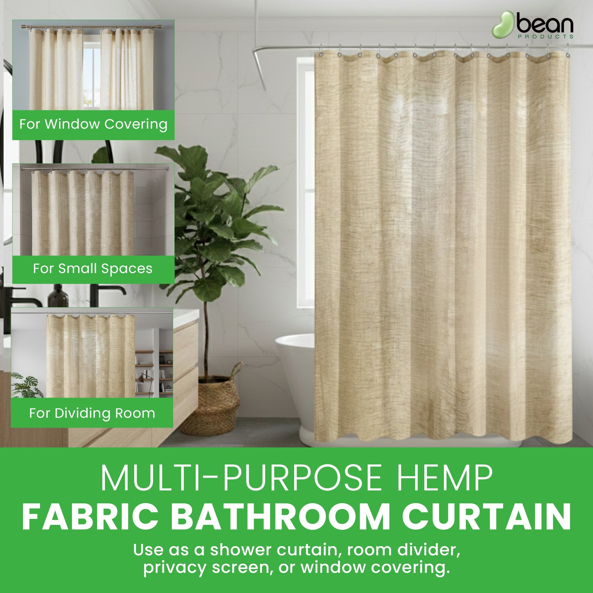Bean Products Hemp Shower Curtain – Bath, Tub + Stall Sizes – Made in USA