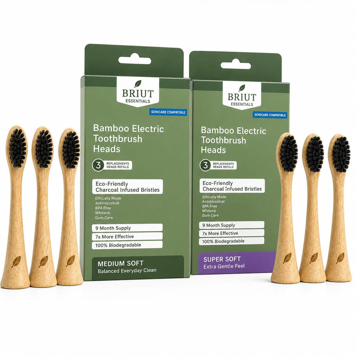 Two packages of Briut Essentials Bamboo Electric Toothbrush Heads with six bamboo toothbrush heads arranged in front on a white background.