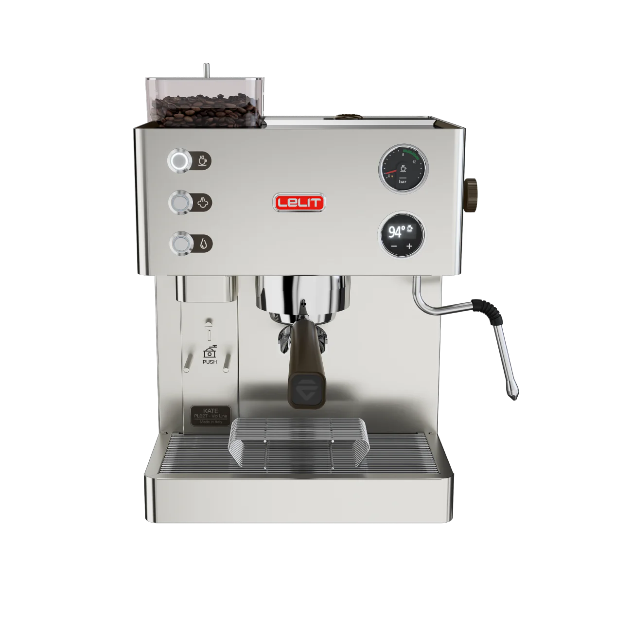Stainless steel espresso machine with Lelit branding on a white background