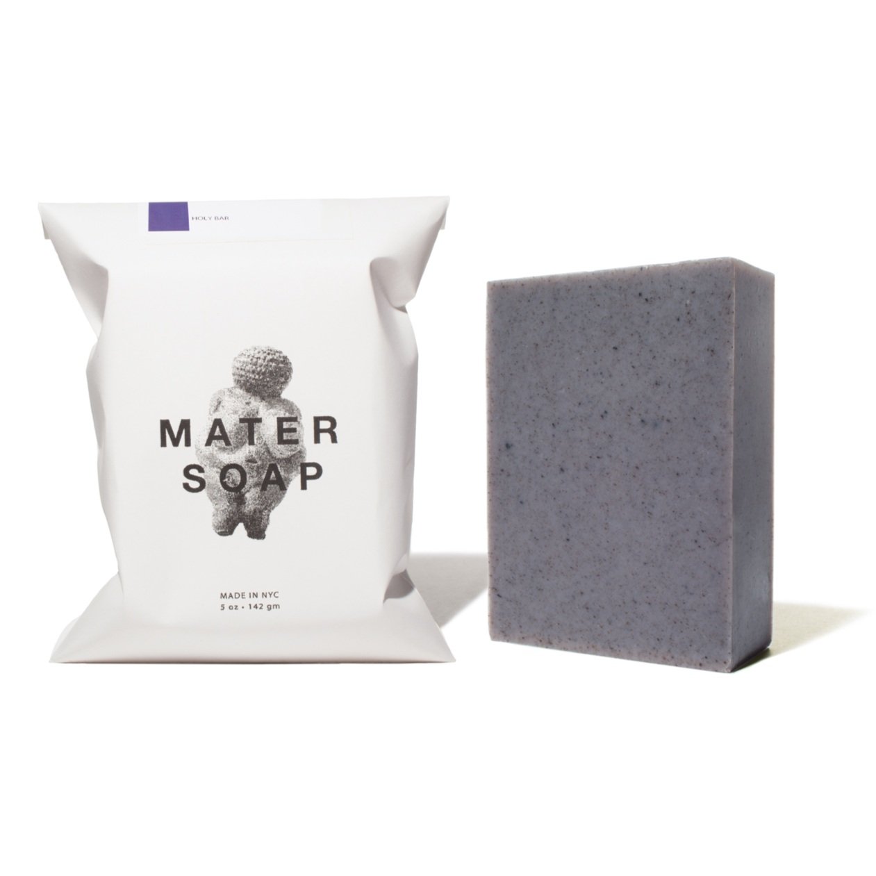 Mater Soap packaging with a gray sponge on a white background
