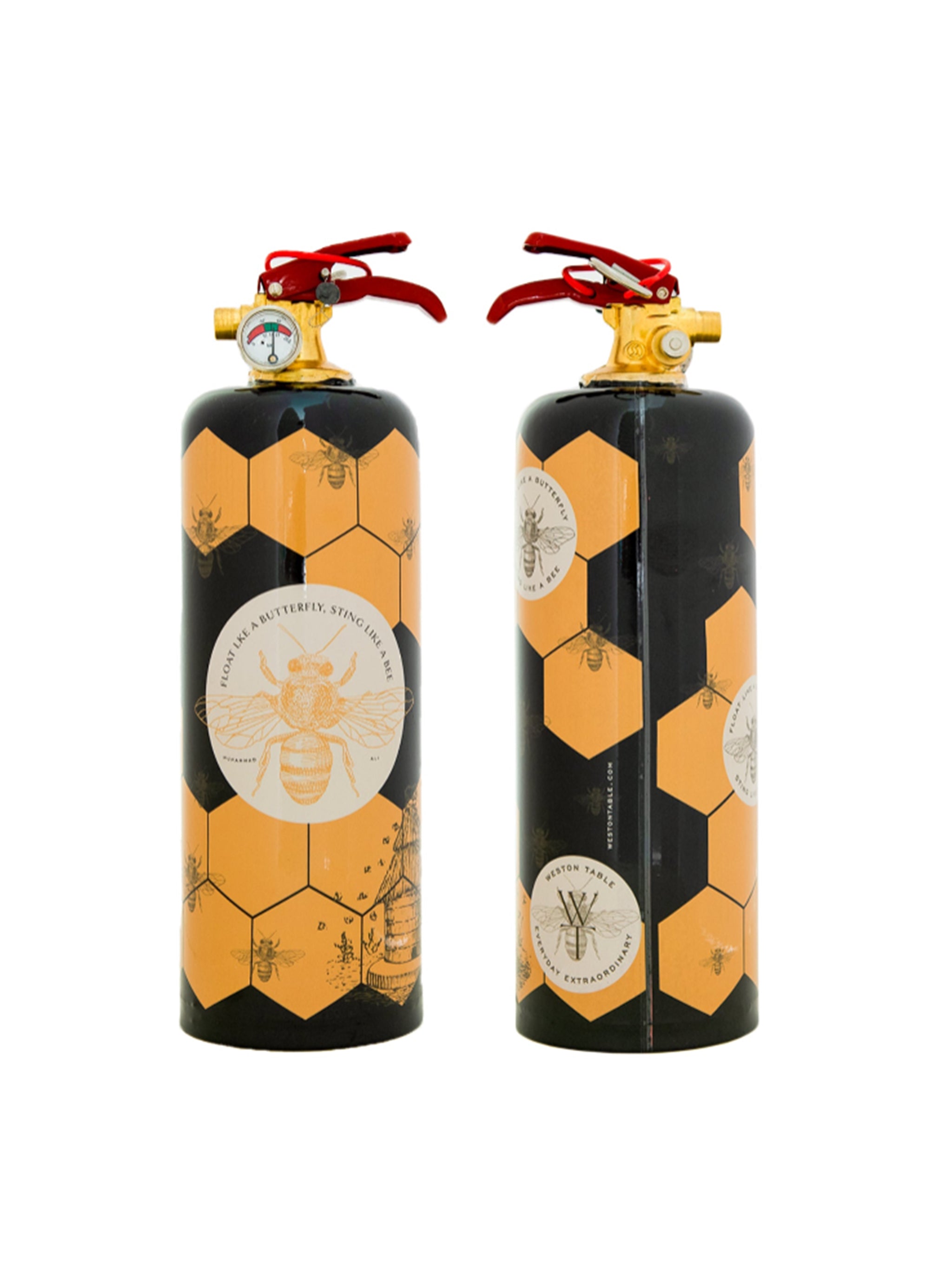 Two fire extinguishers with honeycomb and bee design on a white background