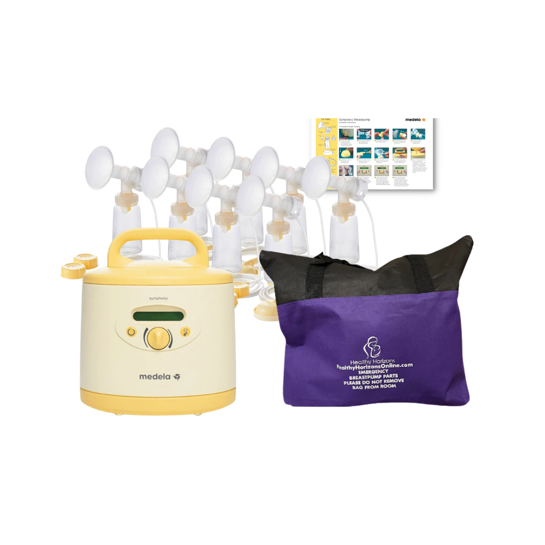 Medela electric breast pump set with multiple white flange valves, a cream and yellow pump base, a purple storage bag, and an instruction booklet on a white background.