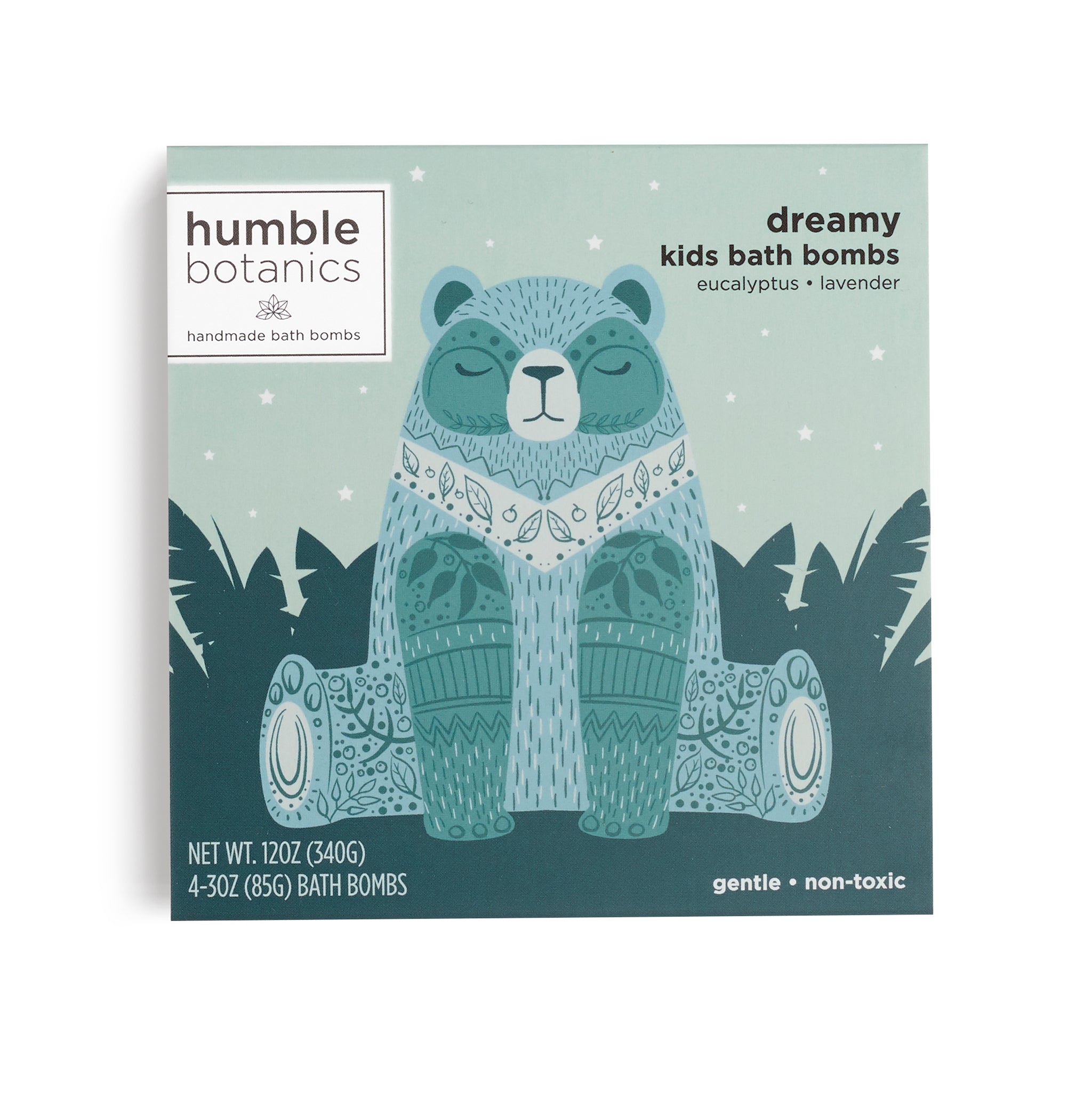 Packaging of humble botanics kids bath bombs with a bear design on a light green background.