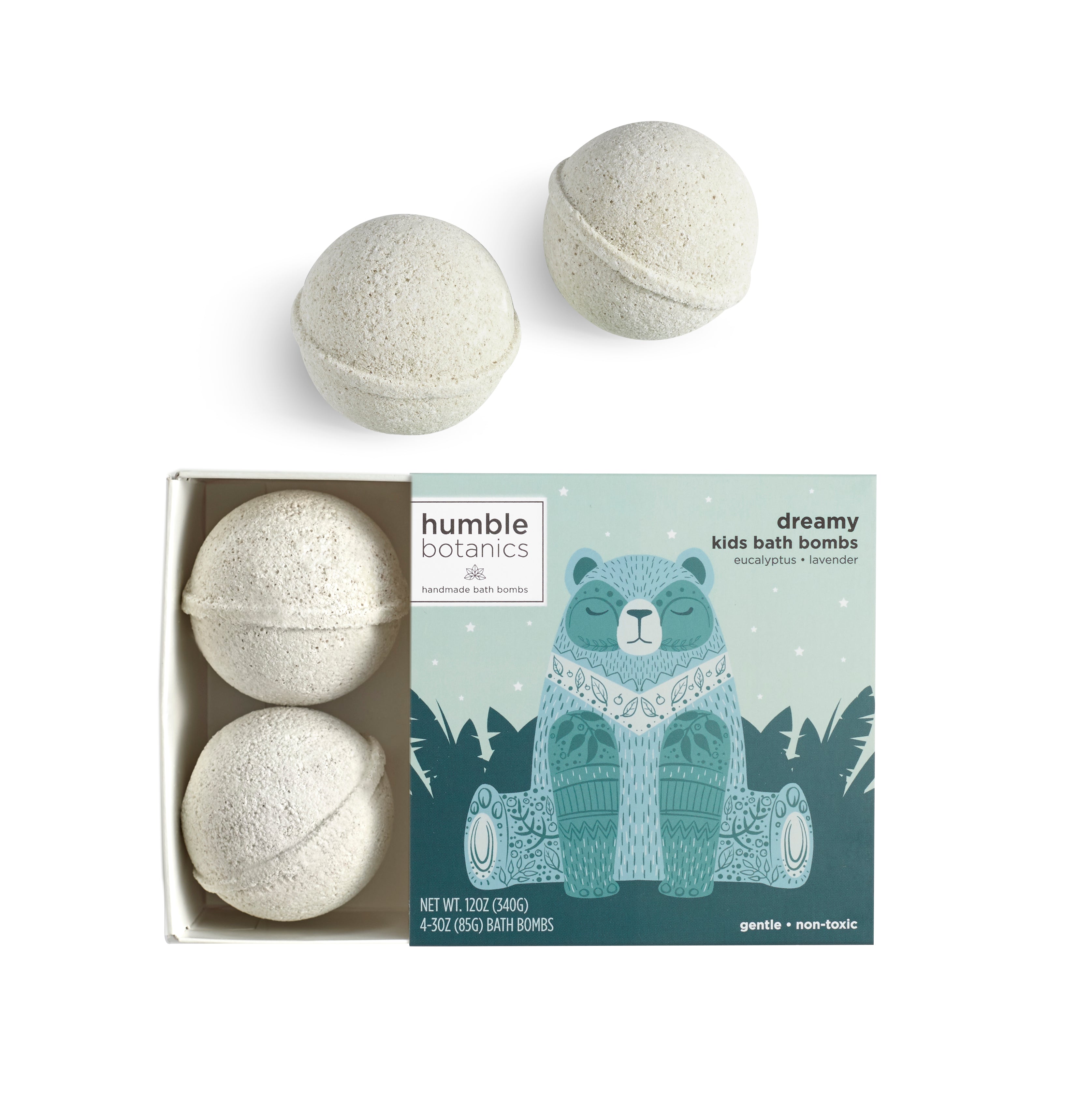 Four bath bombs in a box with a 'humble botanics' label and bear illustration on a white background.