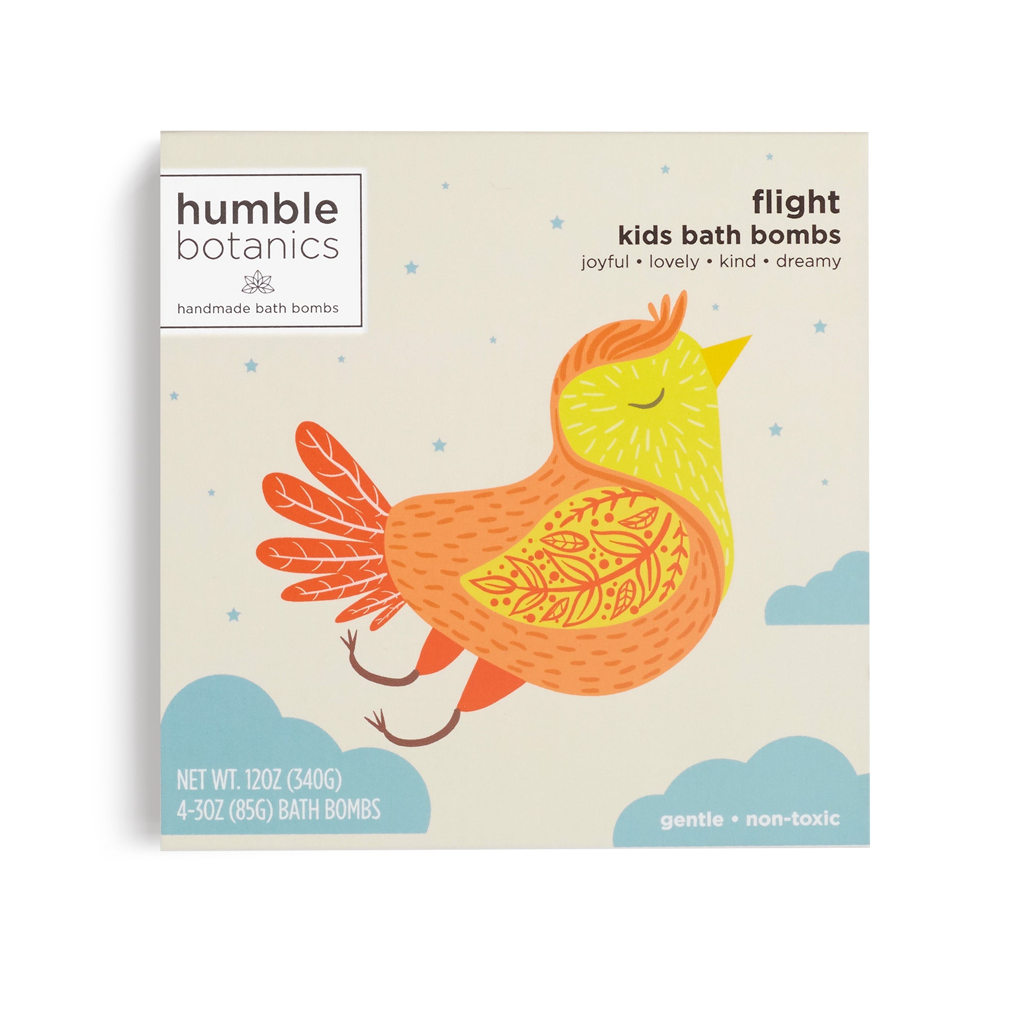 Box of humble botanics kids bath bombs with a bird illustration on a beige background