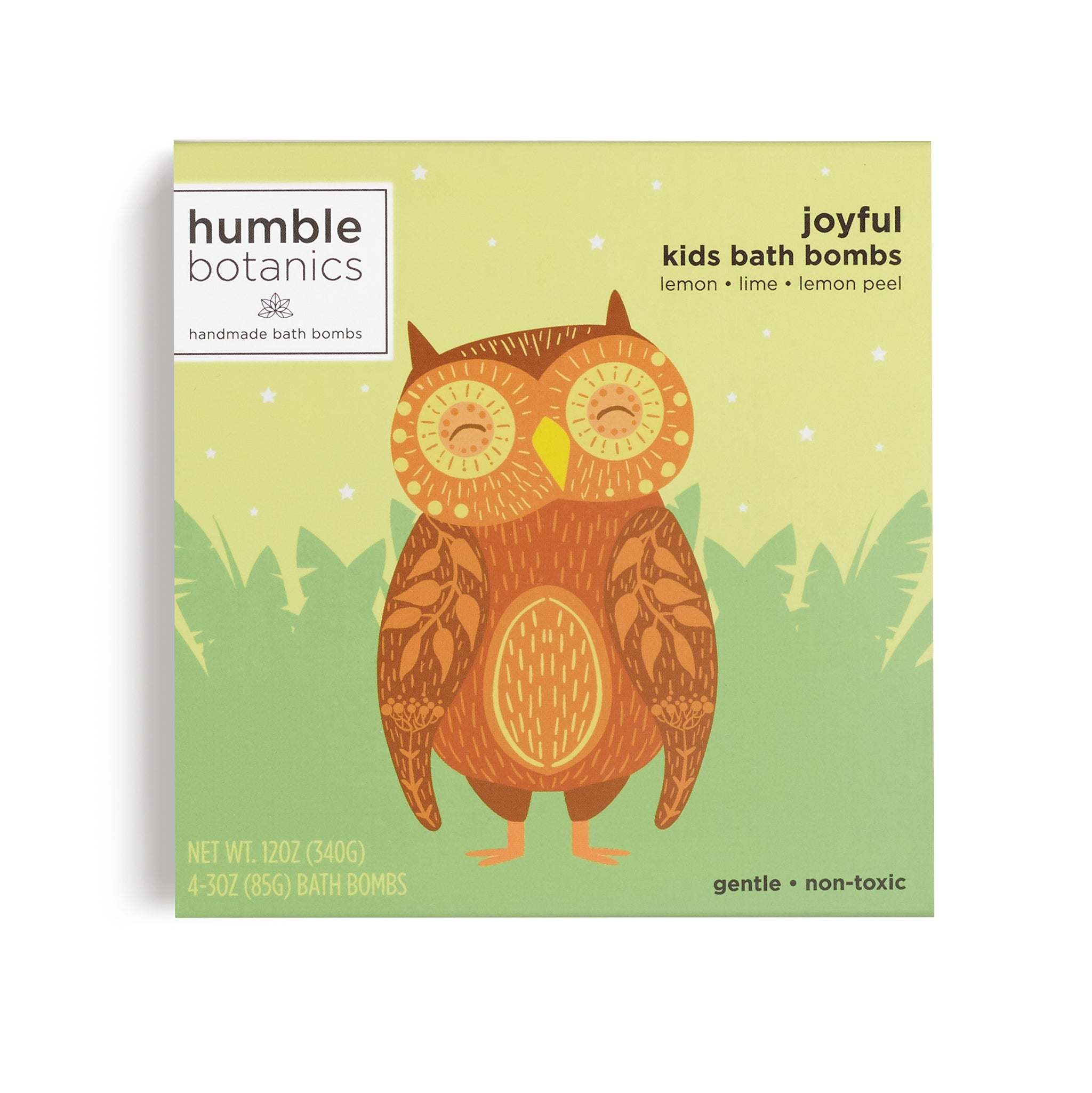 Packaging of humble botanics kids bath bombs with an owl design on a green background