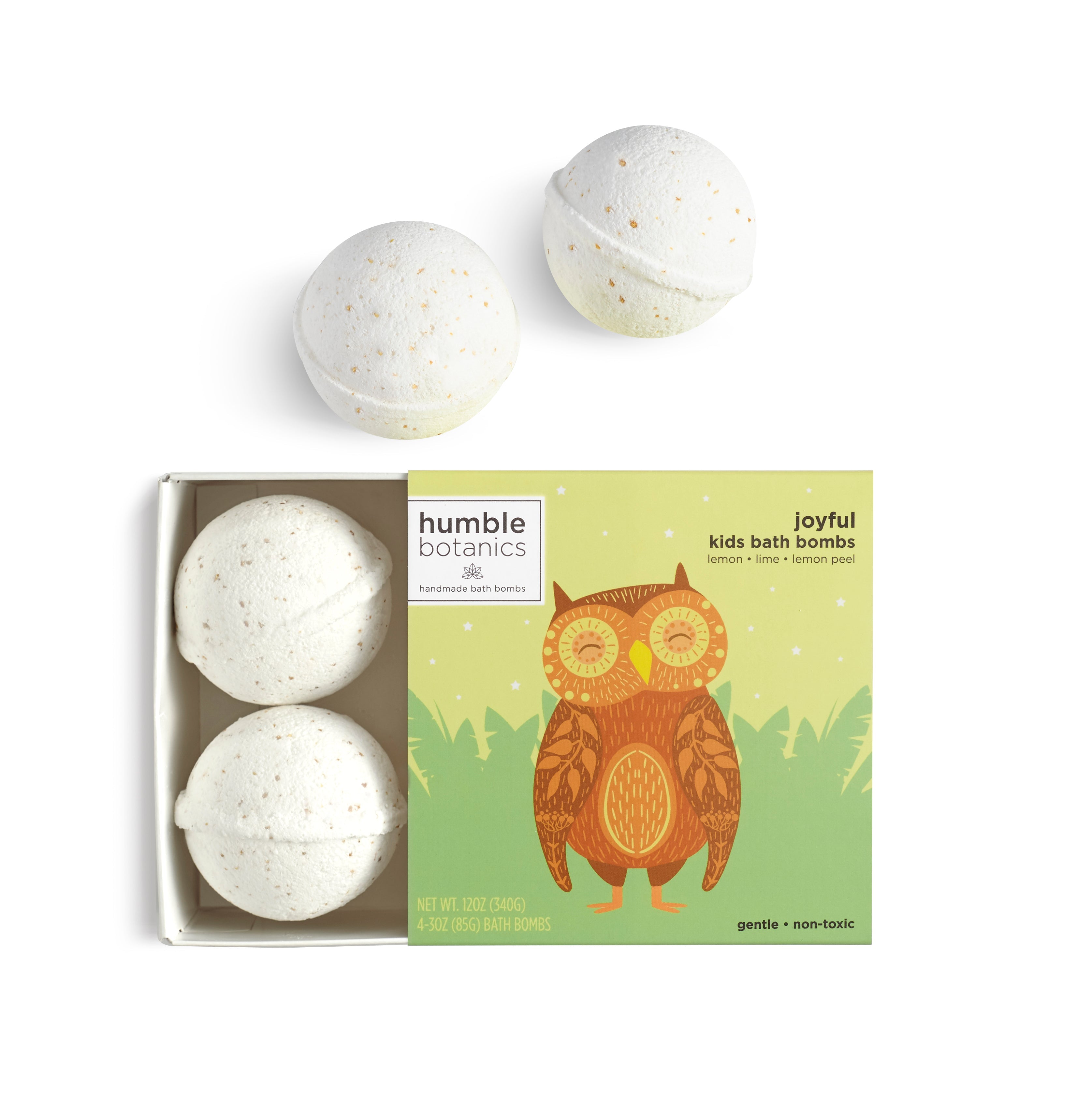 Four bath bombs in a box with an owl design on the packaging, featuring the brand 'humble botanics'.