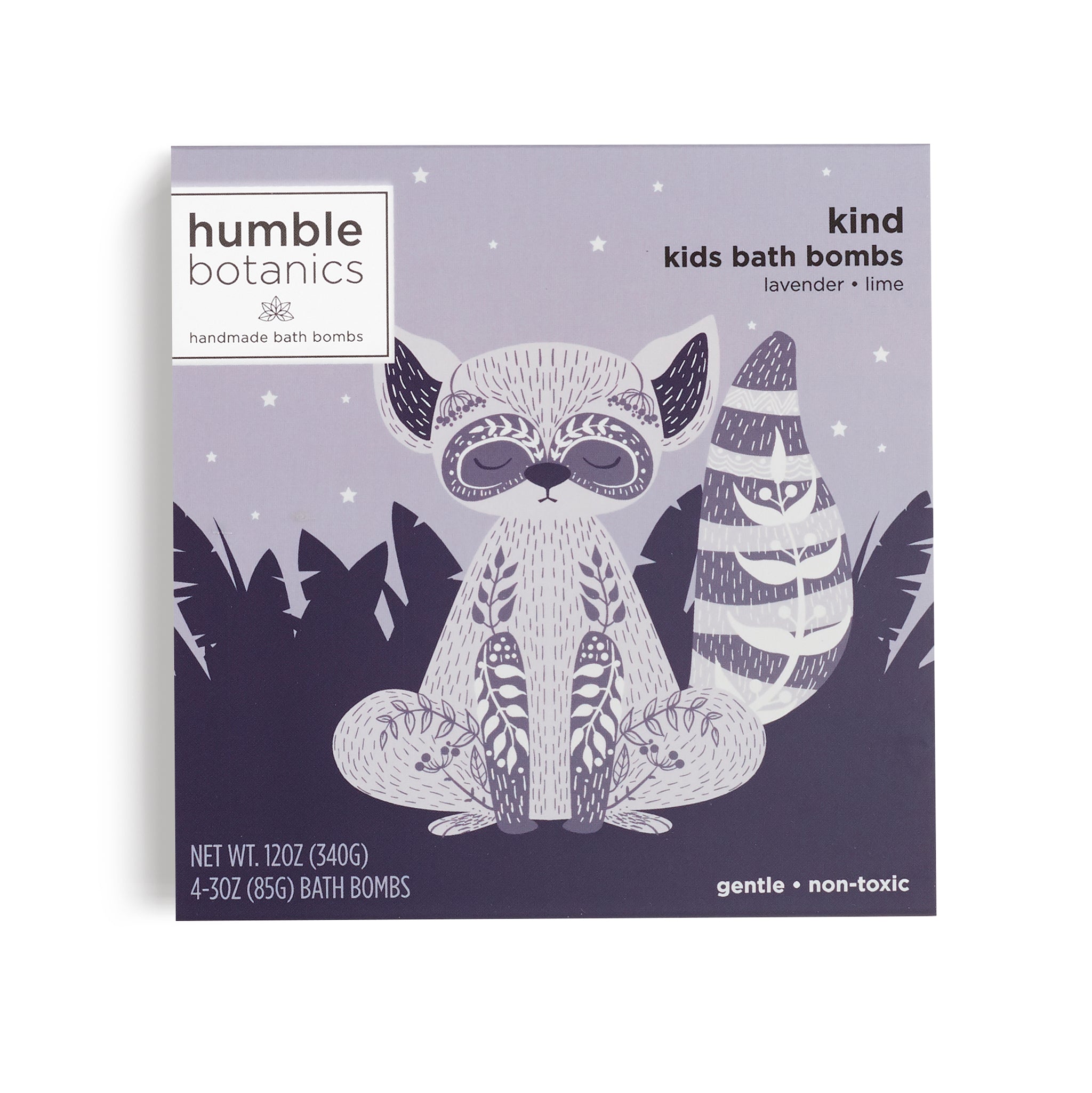 Box of humble botanics kids bath bombs with raccoon illustration on a purple background