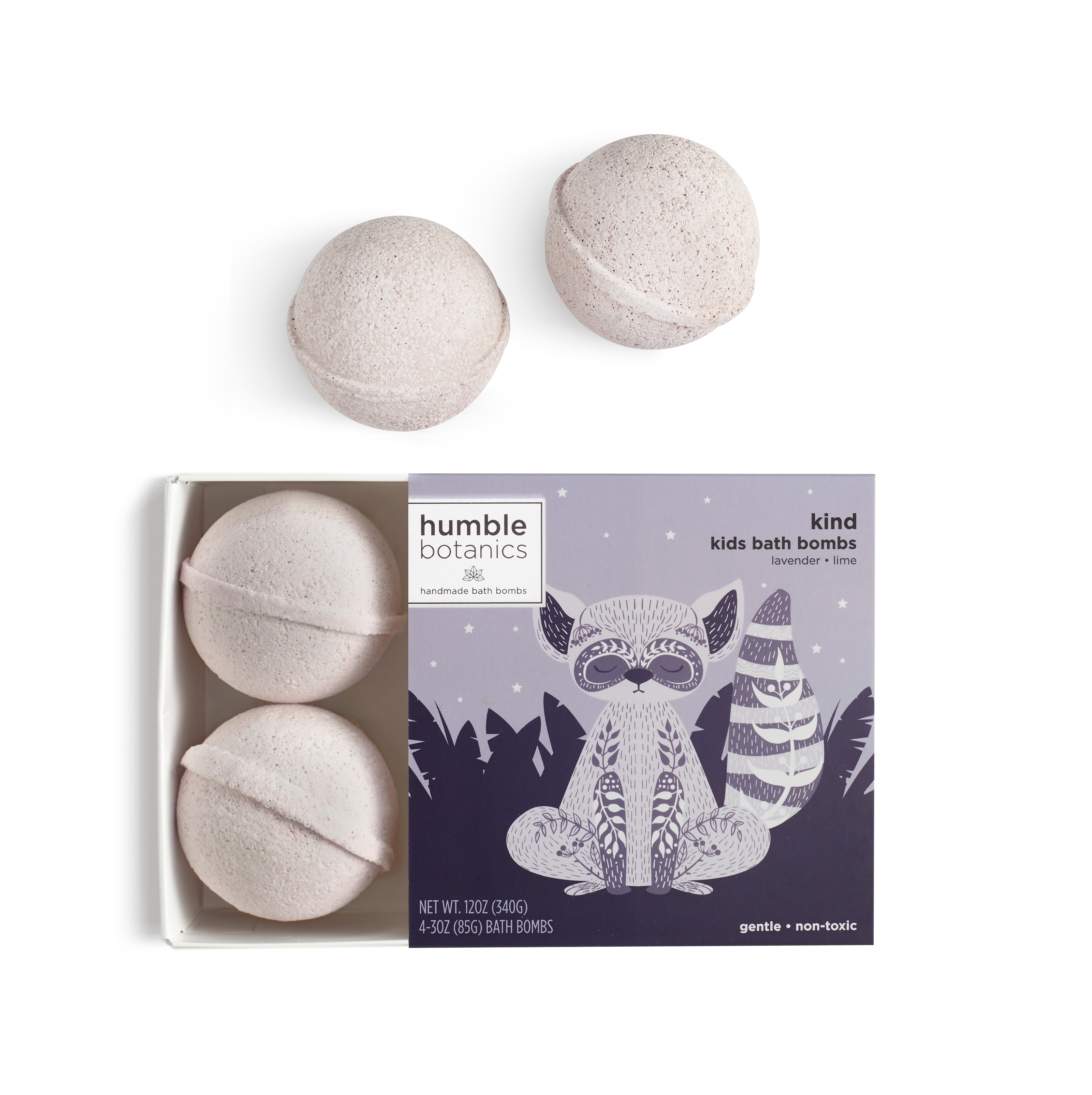 Bath bombs in a 'humble botanics' box on a white background
