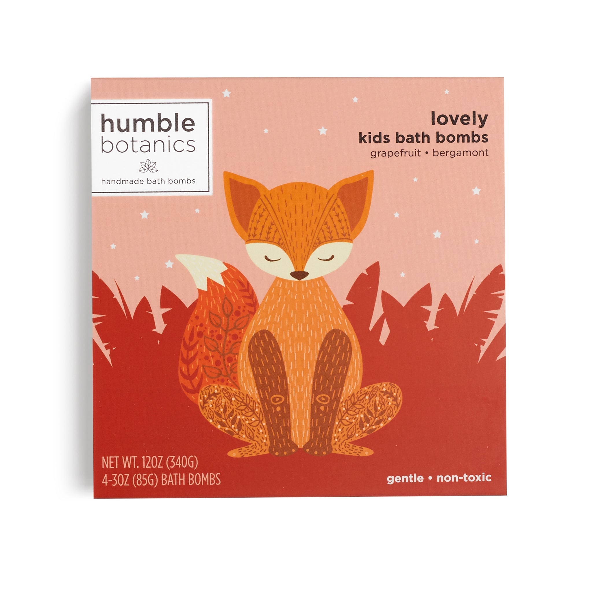 Box of humble botanics kids bath bombs with a fox illustration on a pink background