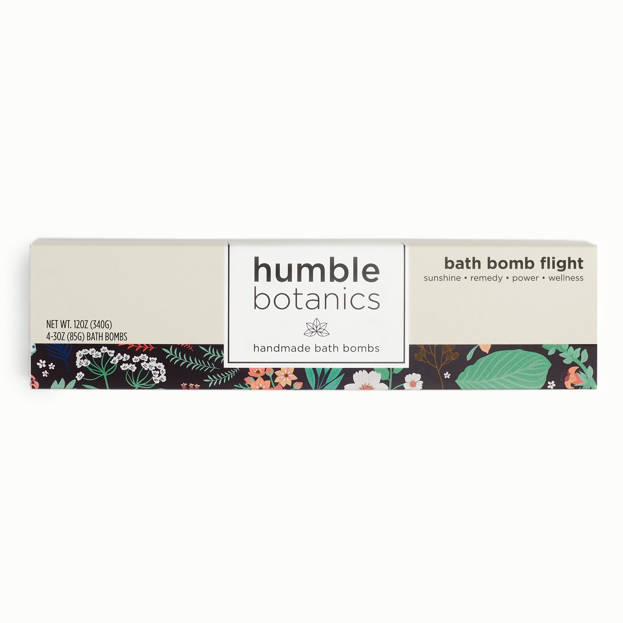 Box of humble botanics bath bombs on a white background
