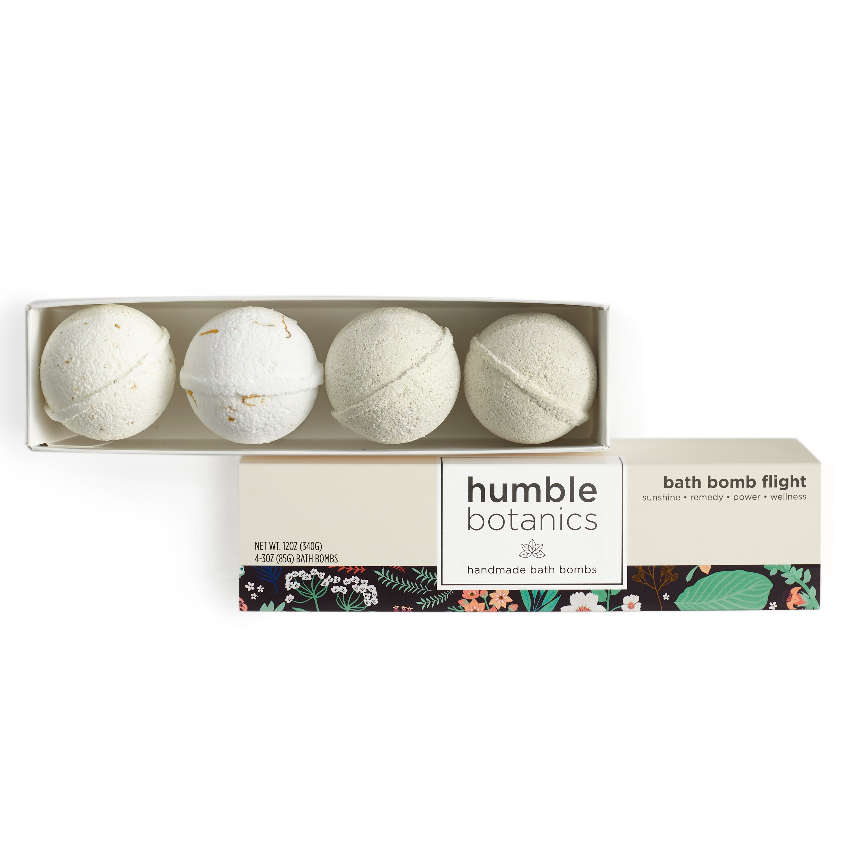 Box of bath bombs with 'humble botanics' branding on a white background