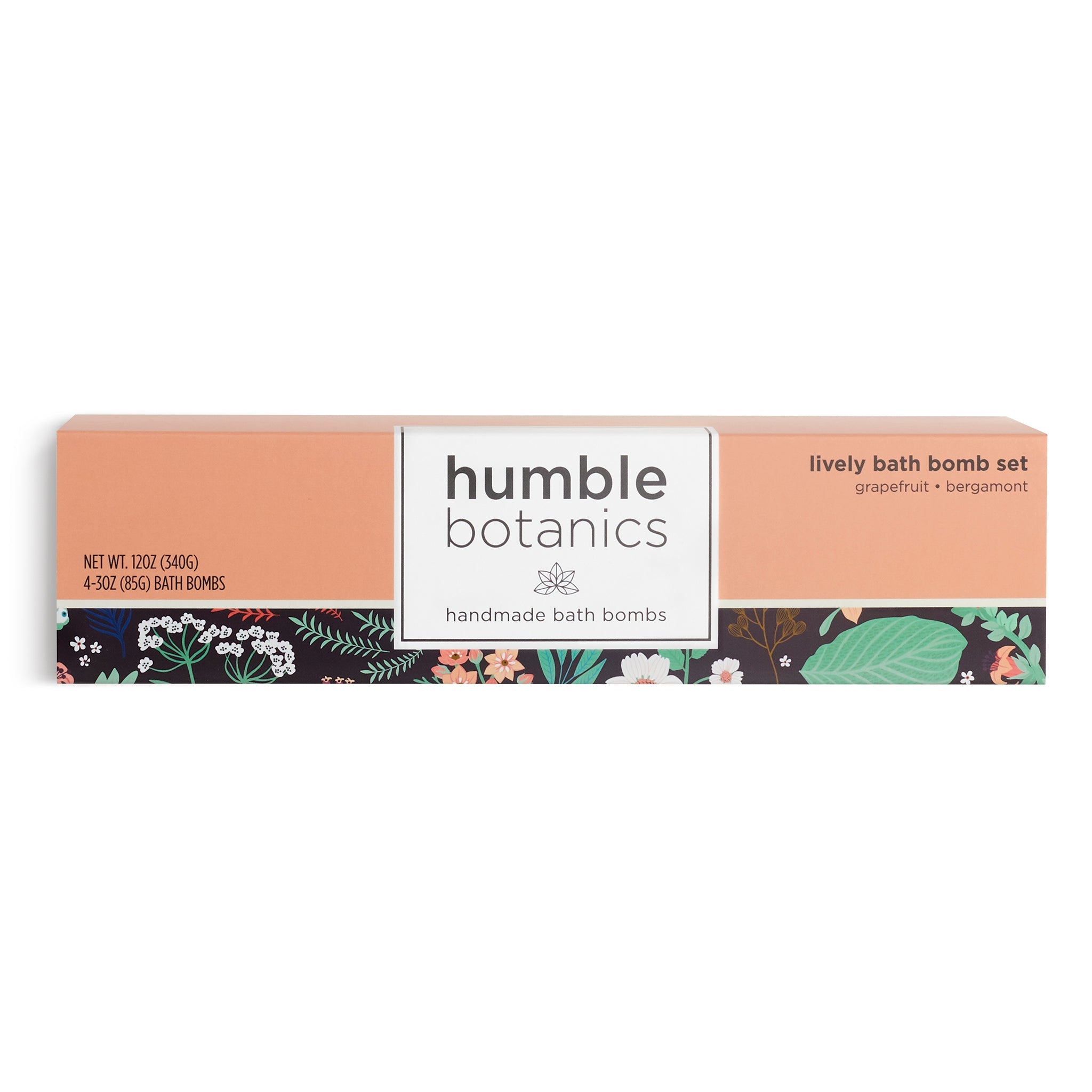 Box of humble botanics bath bombs on a white background