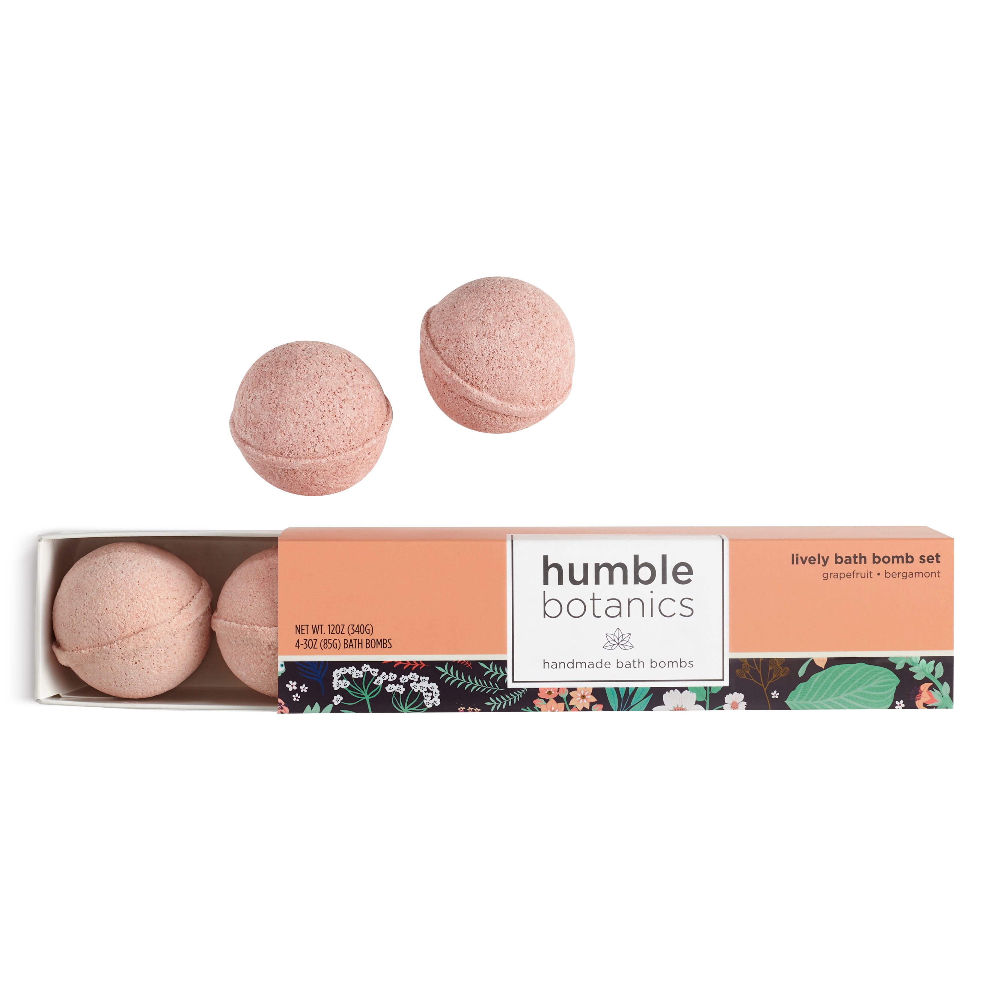 Humble Botanics bath bomb set with three pink bath bombs on a white background