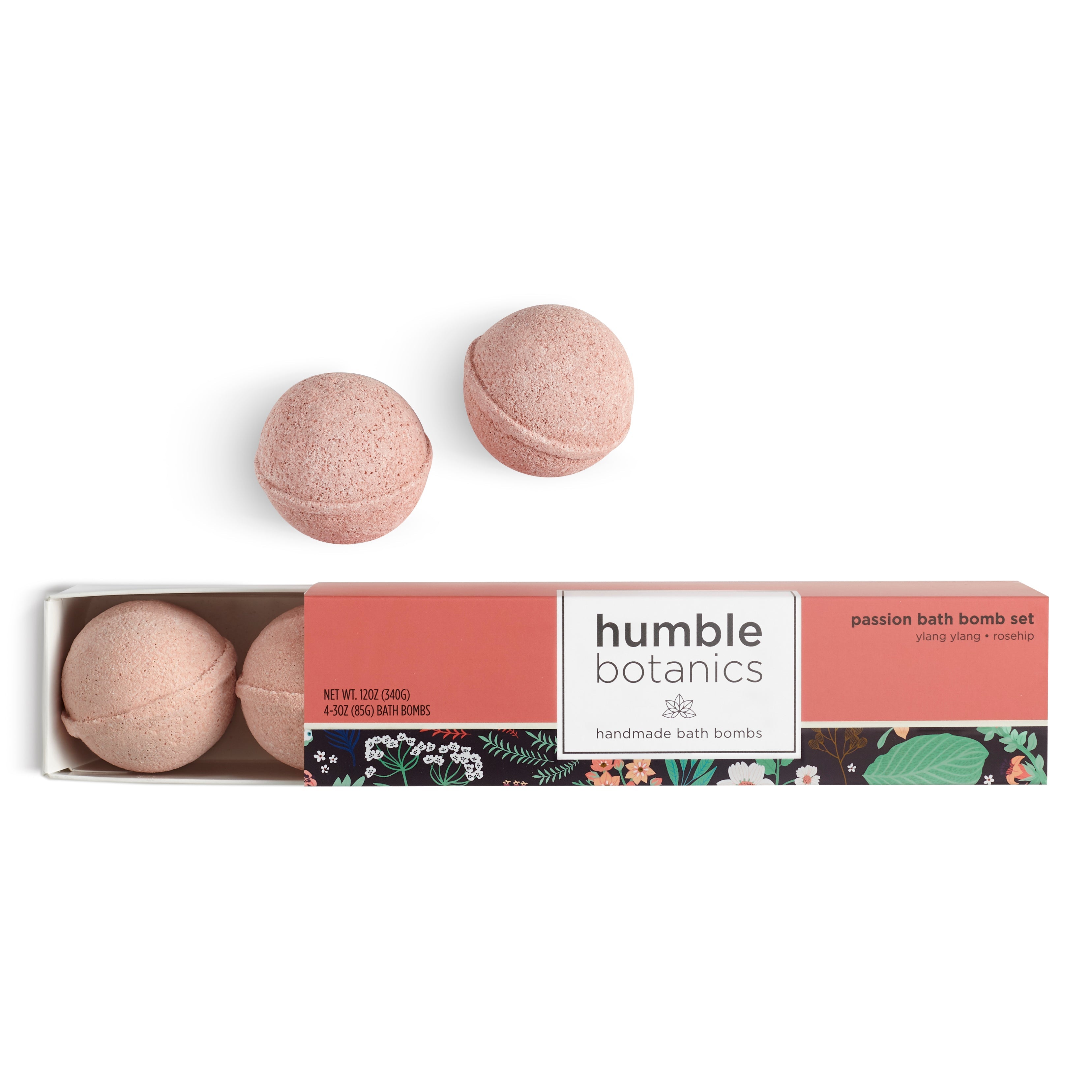 Humble Botanics bath bomb set with three pink bath bombs in a box on a white background